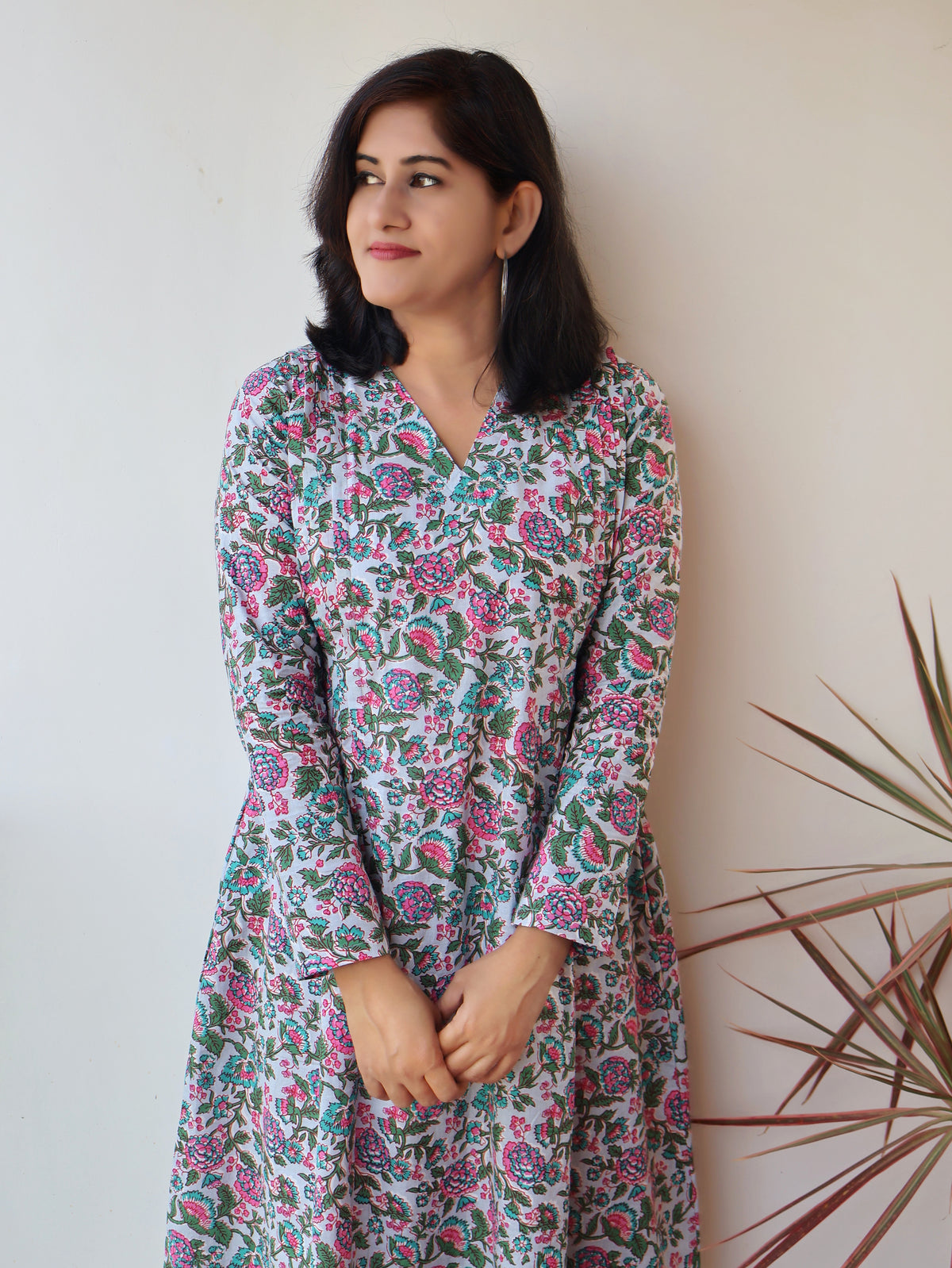 Pastel Blue Pintuck Cotton Aline Kurta with full sleeves