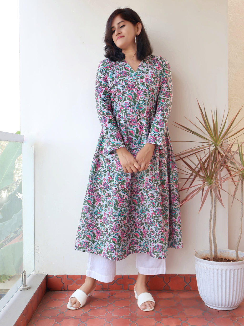 Pastel Blue Pintuck Cotton Aline Kurta with full sleeves
