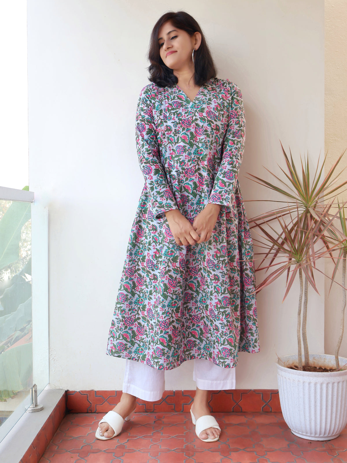 Pastel Blue Pintuck Cotton Aline Kurta with full sleeves