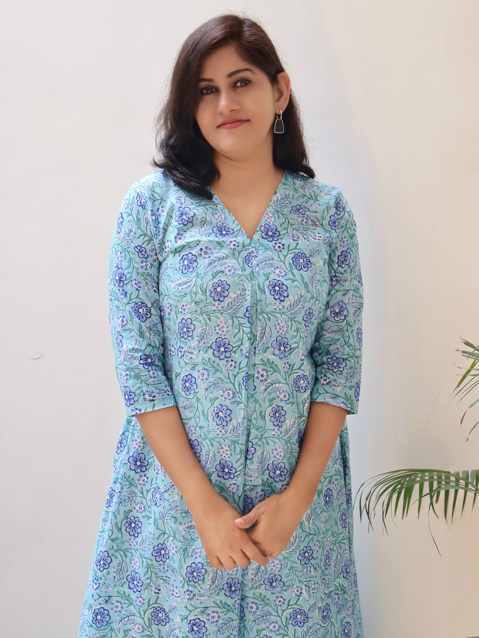 Seafoam Blue Sanganeri Hand Block Cotton Kurta