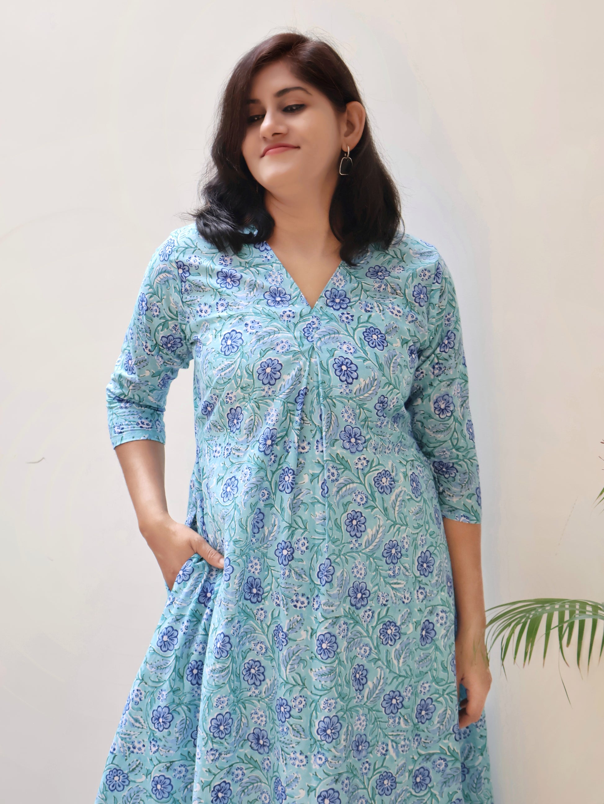 Seafoam Blue Sanganeri Hand Block Cotton Kurta