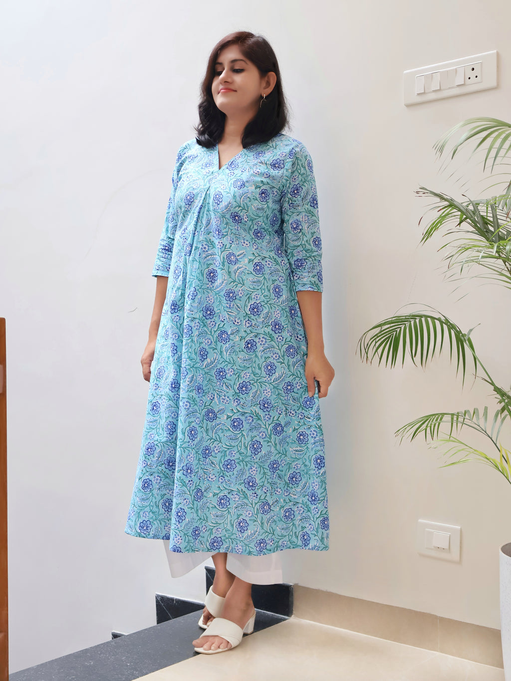 Seafoam Blue Sanganeri Hand Block Cotton Kurta