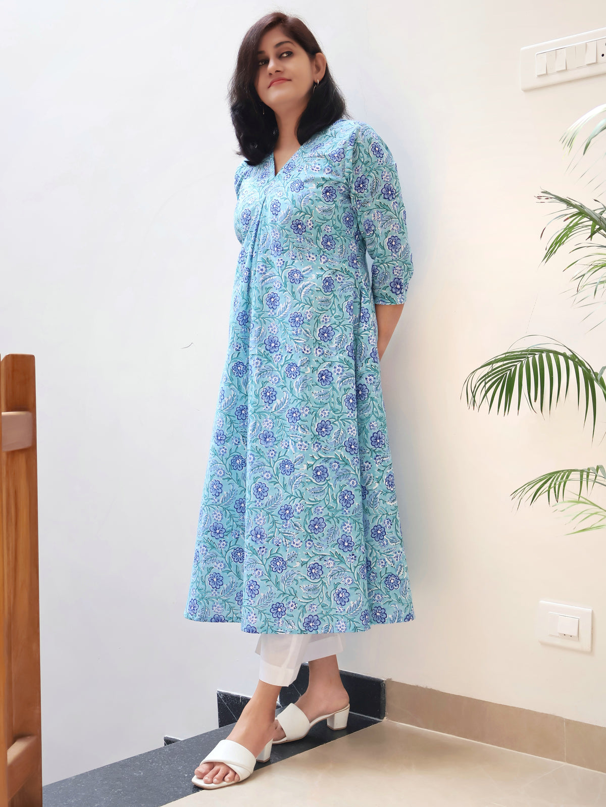 Seafoam Blue Sanganeri Hand Block Cotton Kurta