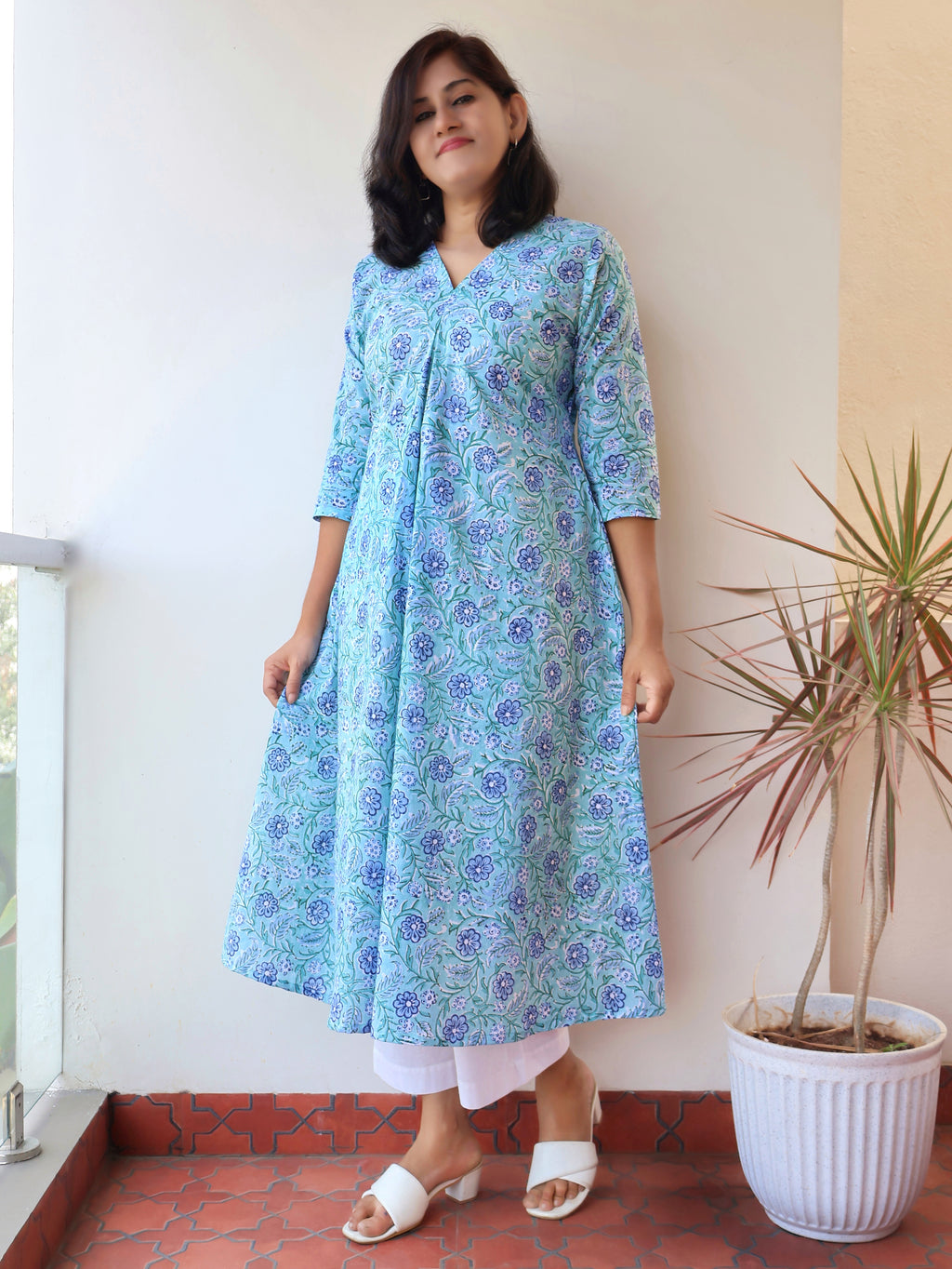Seafoam Blue Sanganeri Hand Block Cotton Kurta