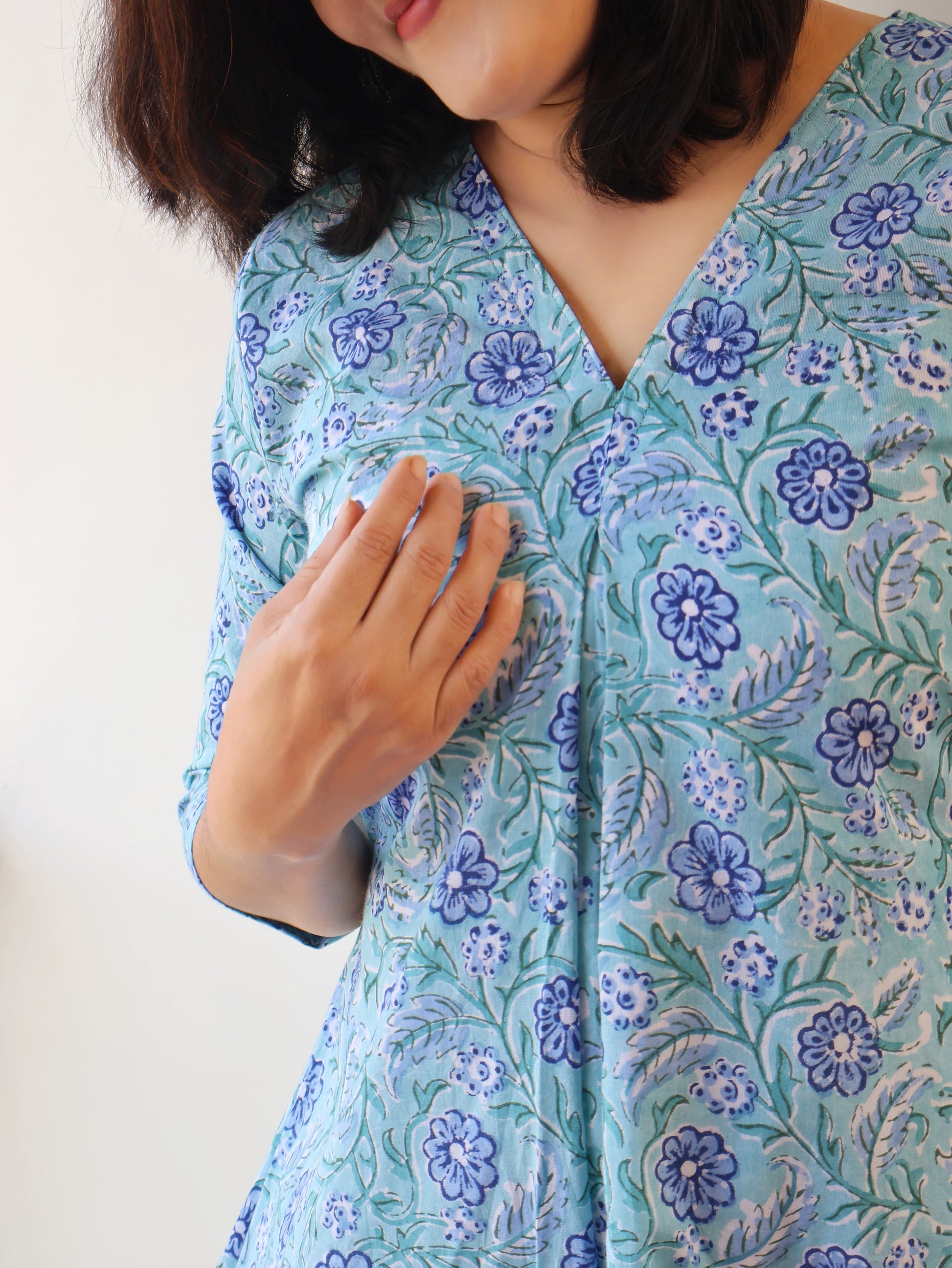 Seafoam Blue Sanganeri Hand Block Cotton Kurta