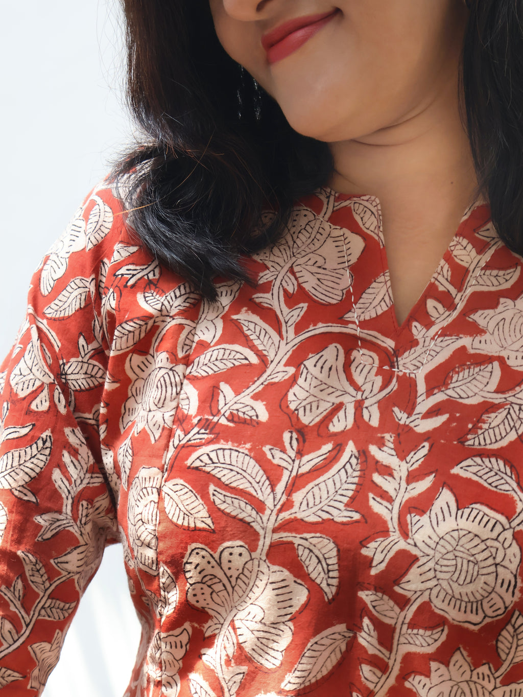 Earth Clay Floral Bagru Hand Block Cotton Short Top