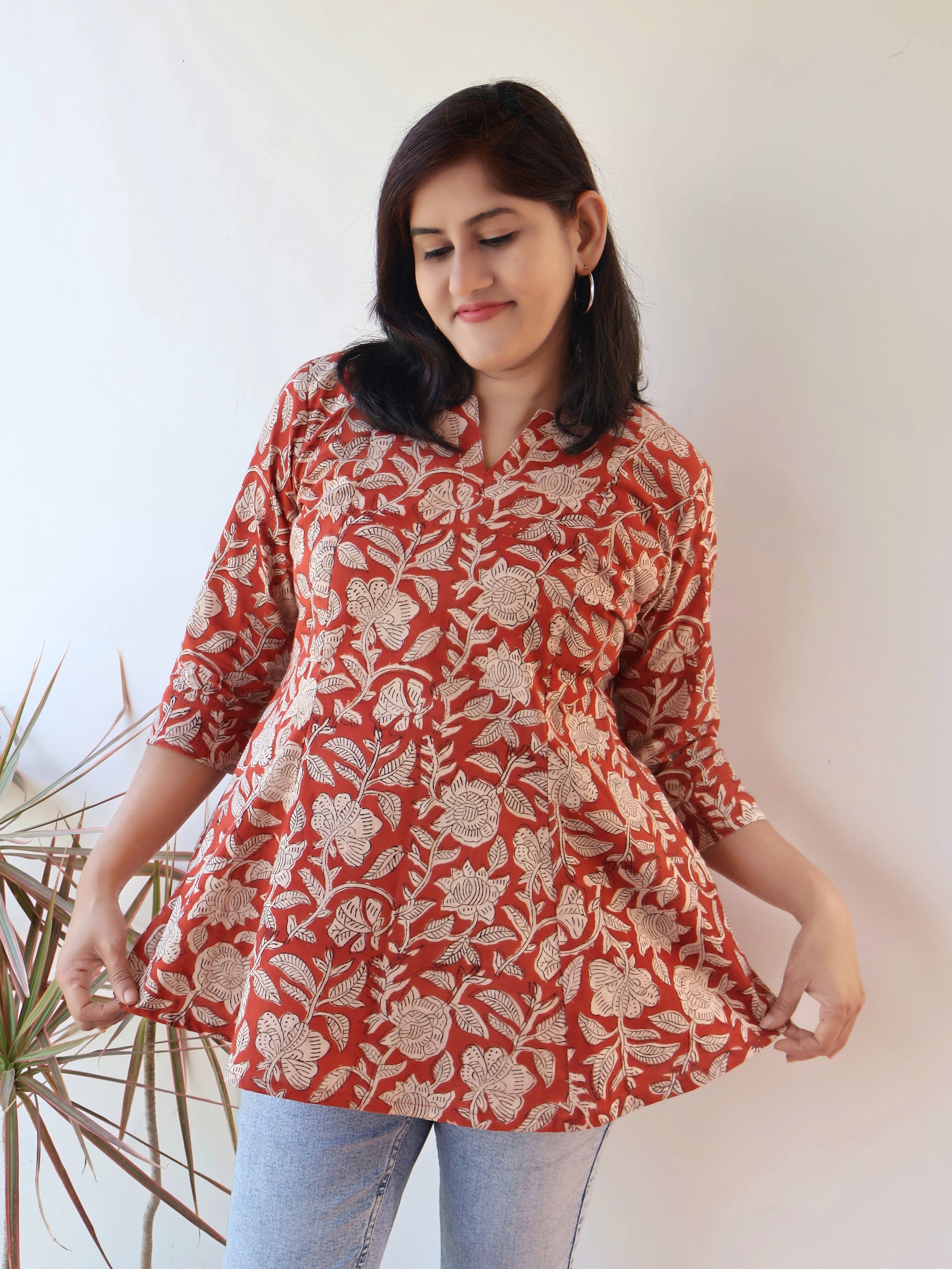 Earth Clay Floral Bagru Hand Block Cotton Short Top