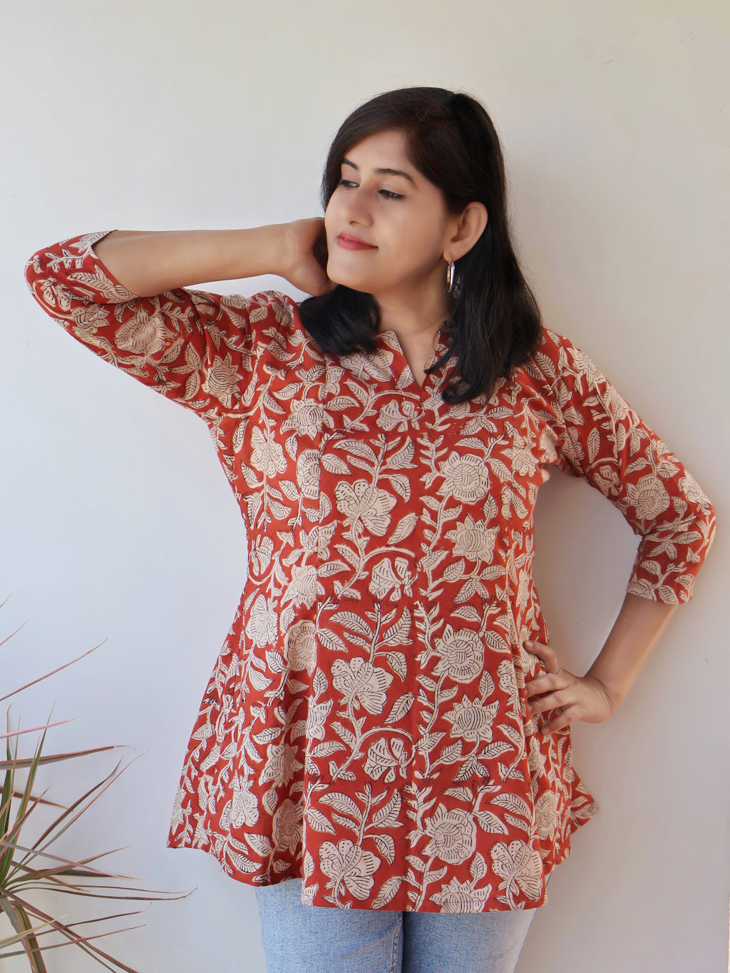 Earth Clay Floral Bagru Hand Block Cotton Short Top