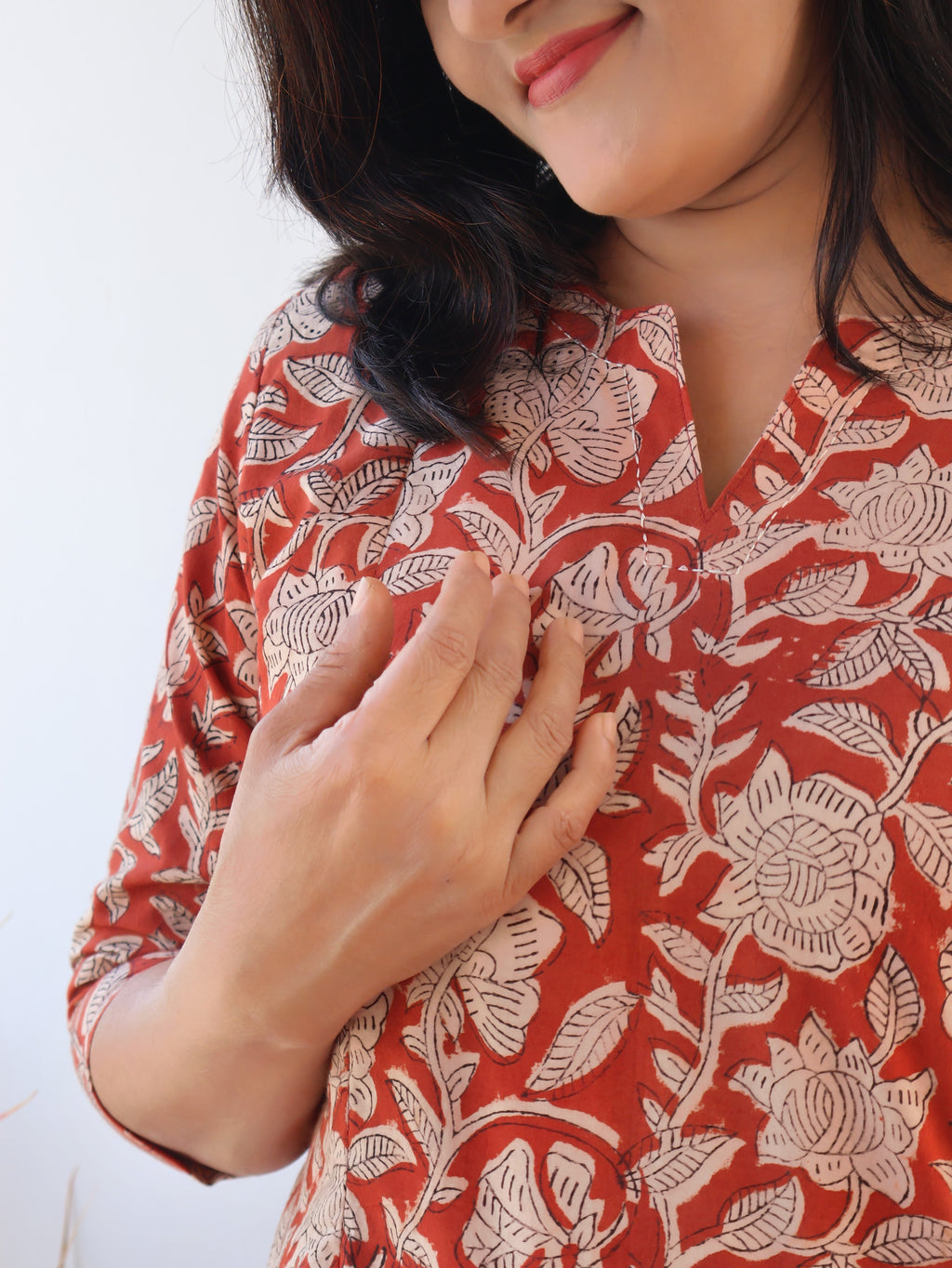 Earth Clay Floral Bagru Hand Block Cotton Short Top