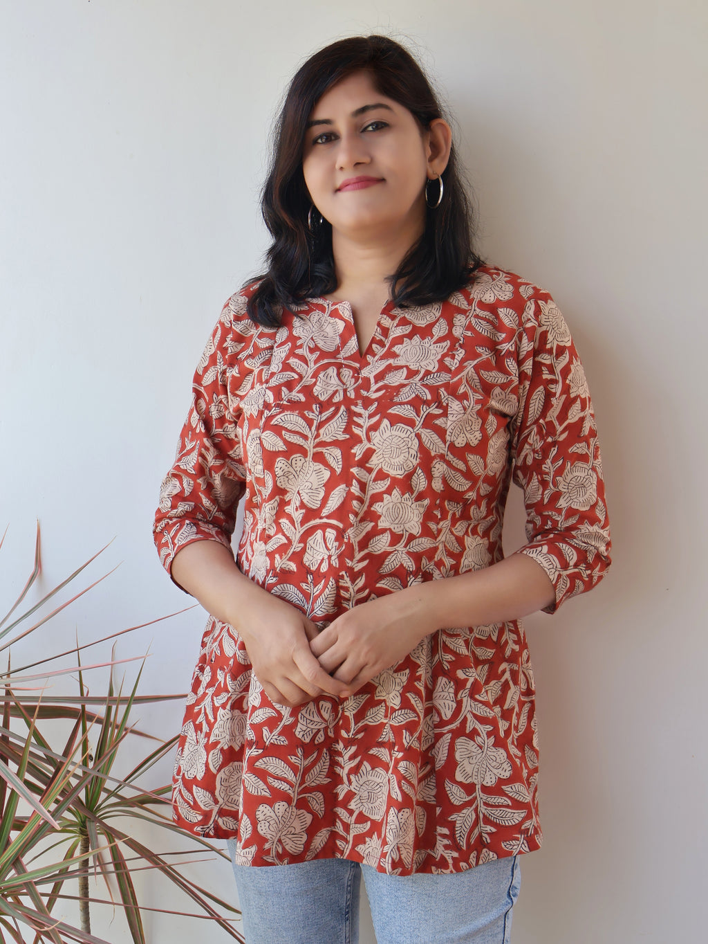 Earth Clay Floral Bagru Hand Block Cotton Short Top