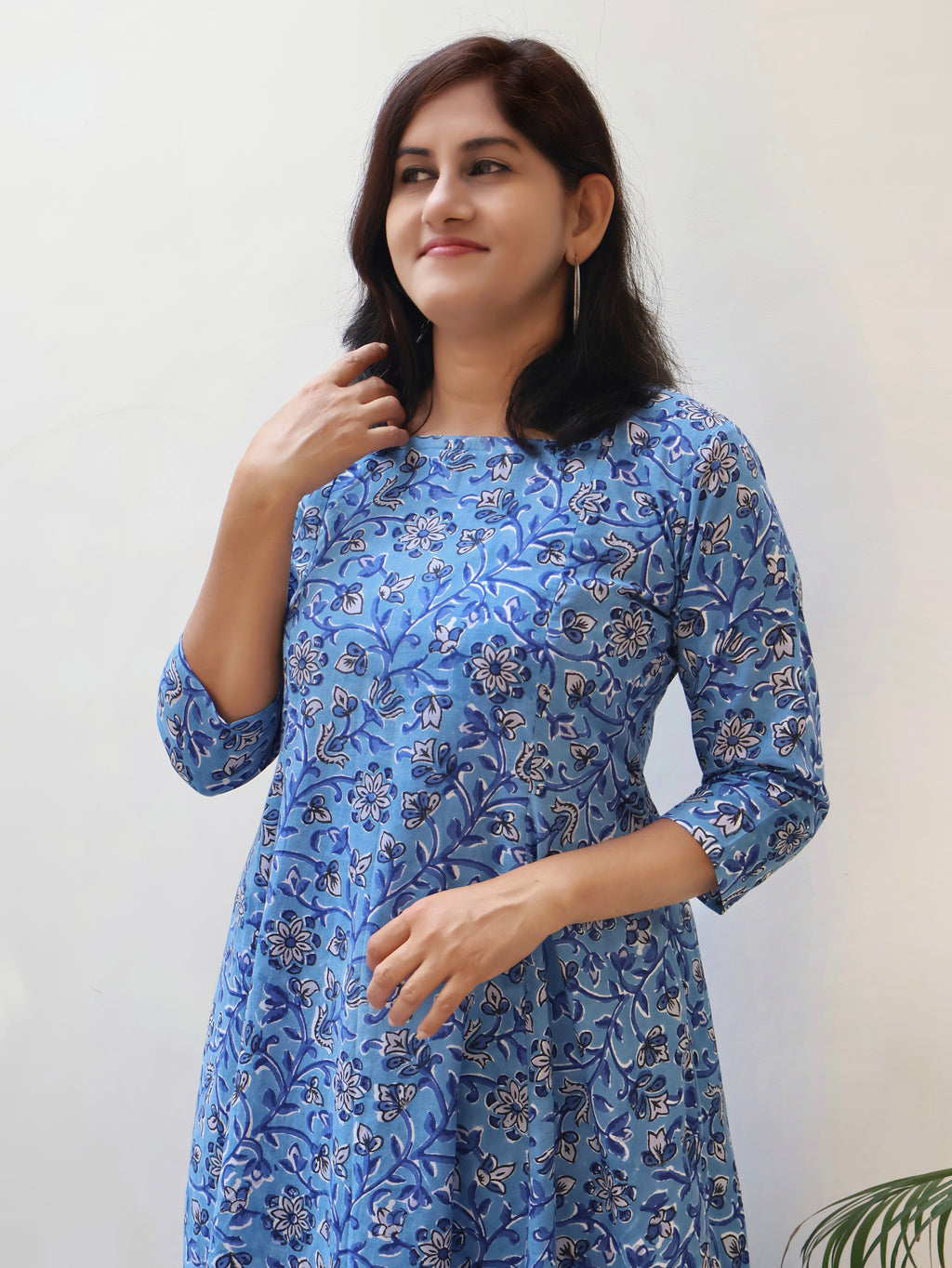 Sea Blue Floral Sanganeri Hand Block Cotton Kurta