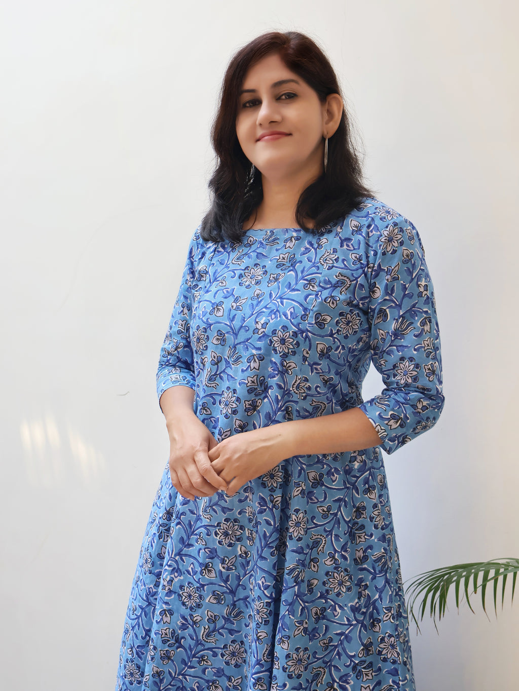 Sea Blue Floral Sanganeri Hand Block Cotton Kurta