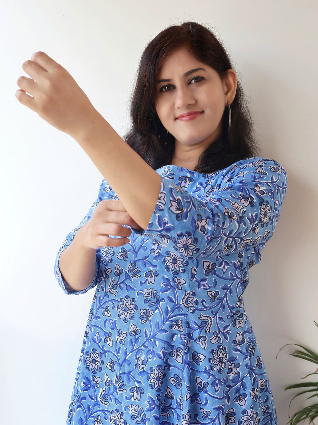 Sea Blue Floral Sanganeri Hand Block Cotton Kurta