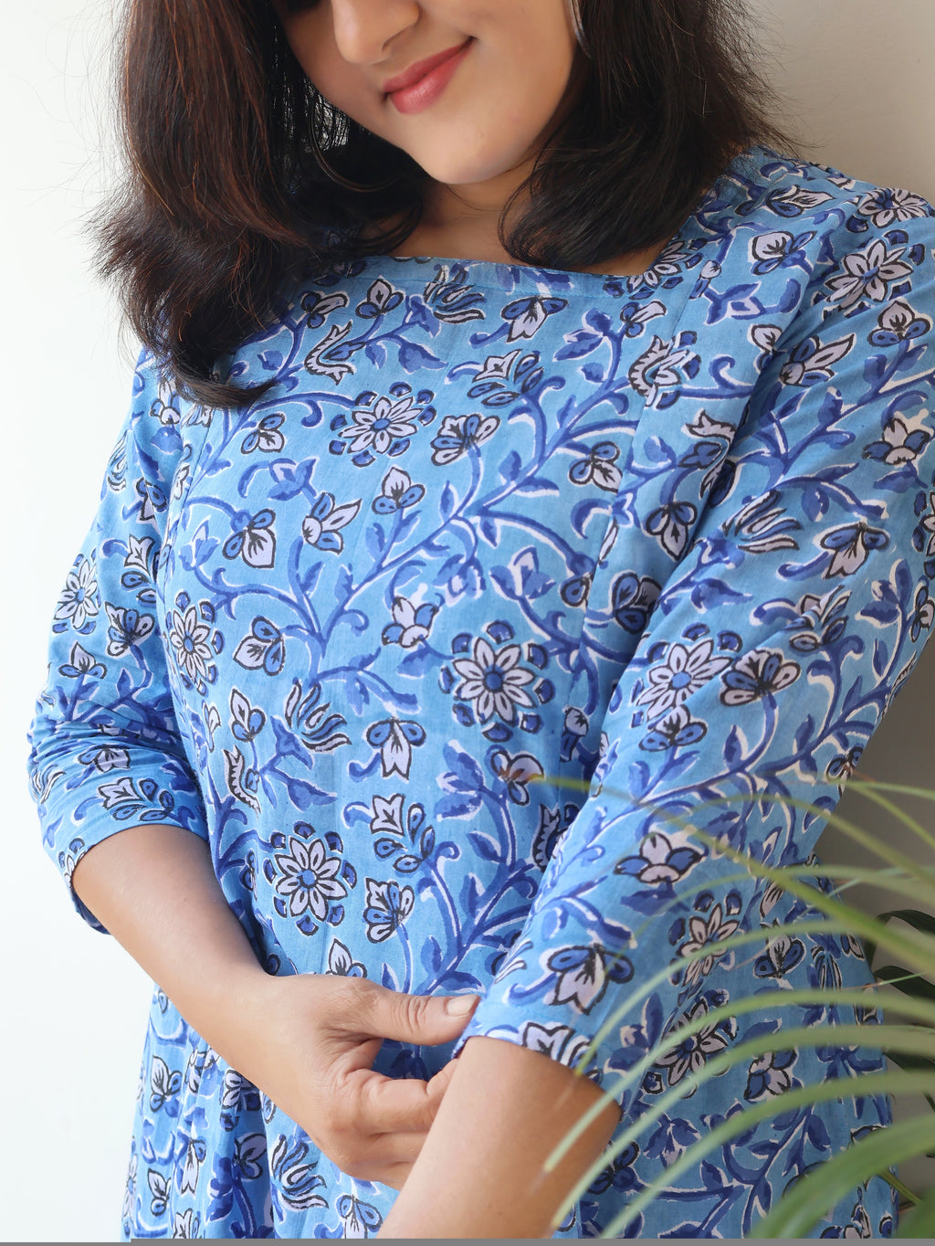 Sea Blue Floral Sanganeri Hand Block Cotton Kurta