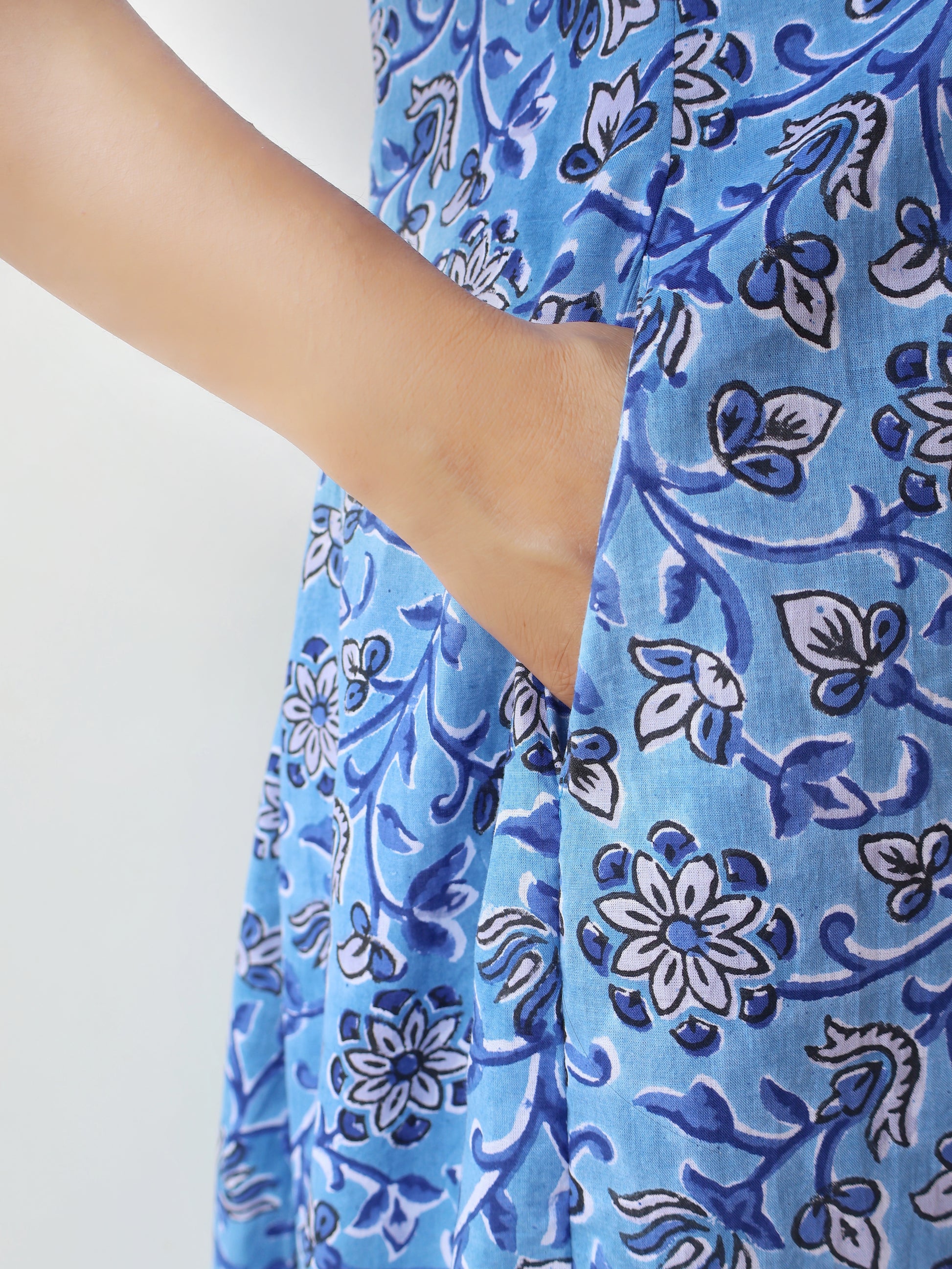 Sea Blue Floral Sanganeri Hand Block Cotton Kurta