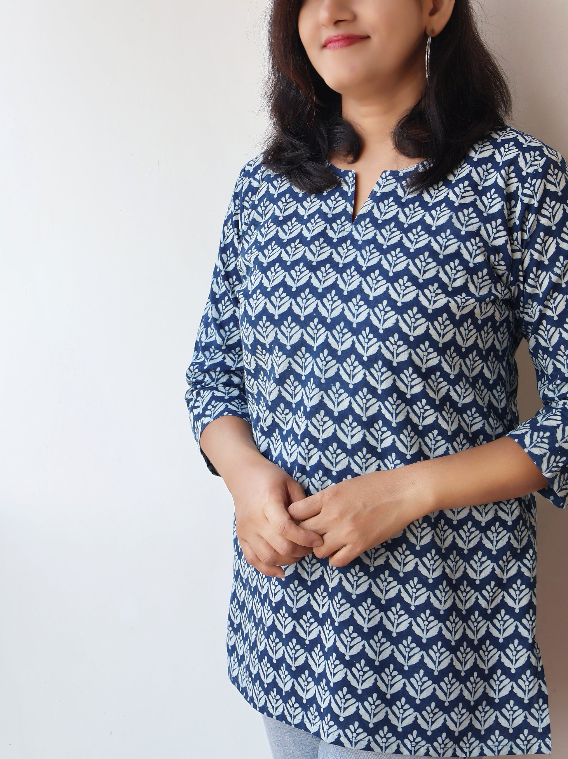 Indigo Ira Dabu Hand Block Cotton Straight Short Top