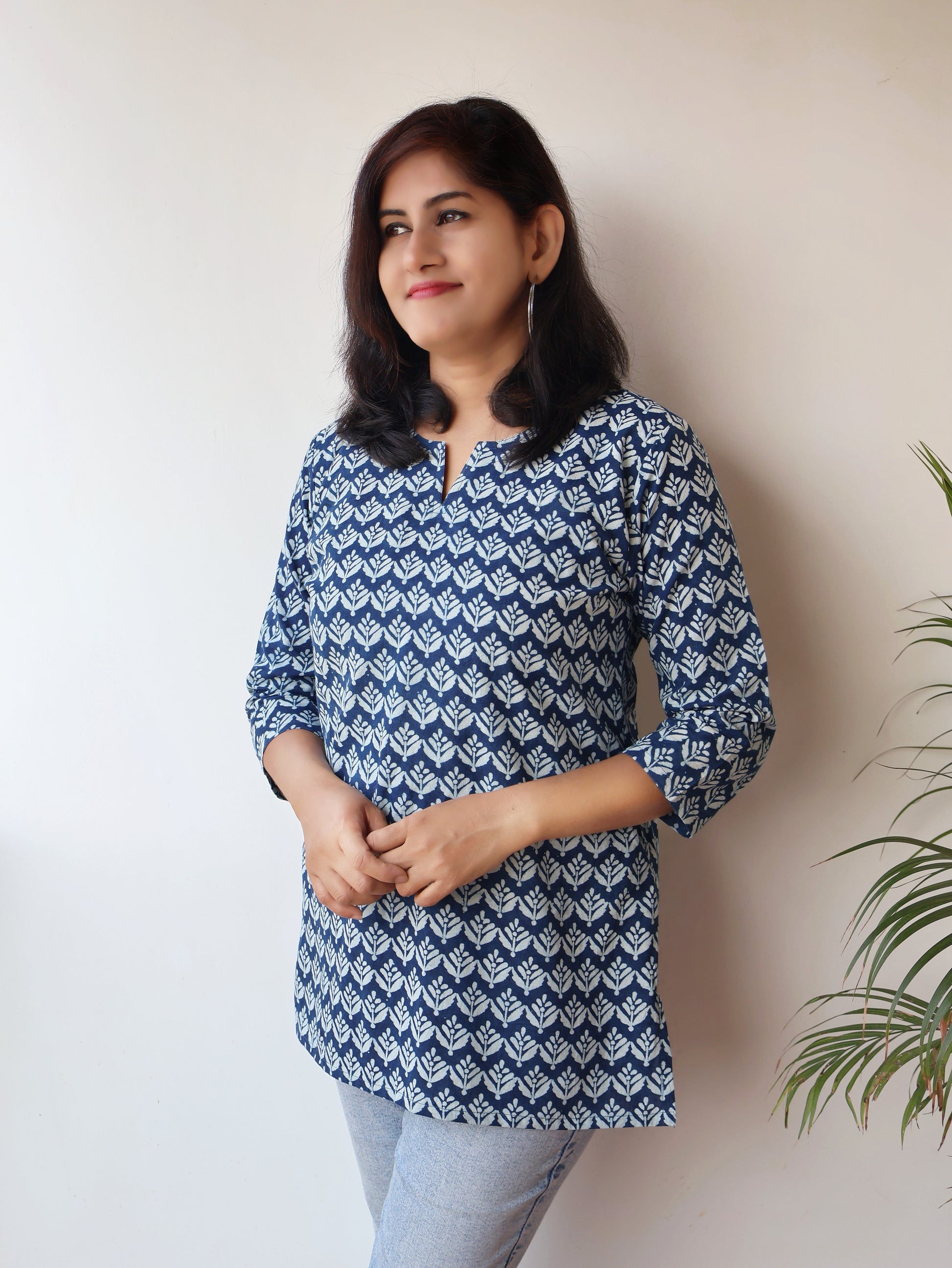 Indigo Ira Dabu Hand Block Cotton Straight Short Top