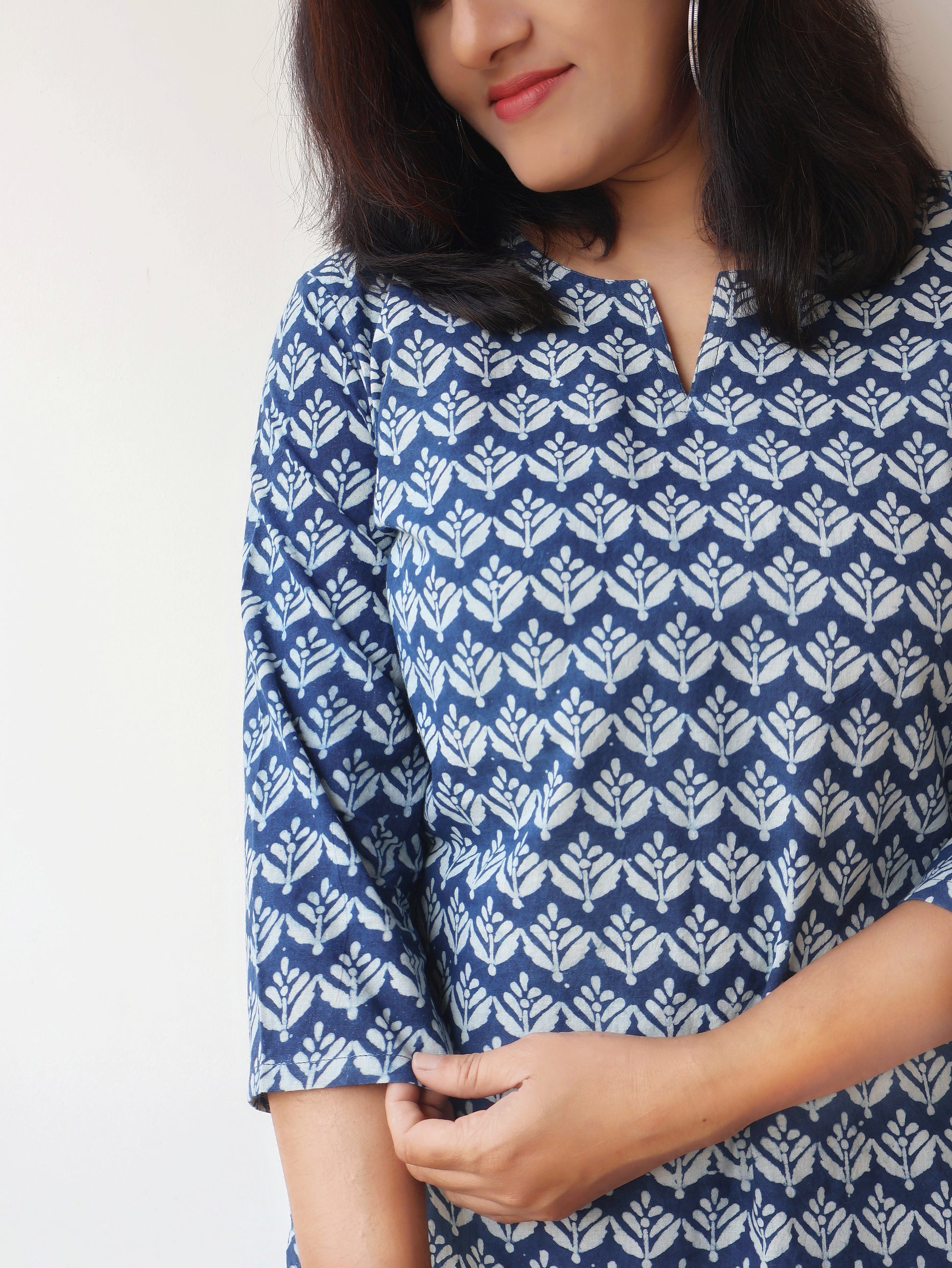 Indigo Ira Dabu Hand Block Cotton Straight Short Top
