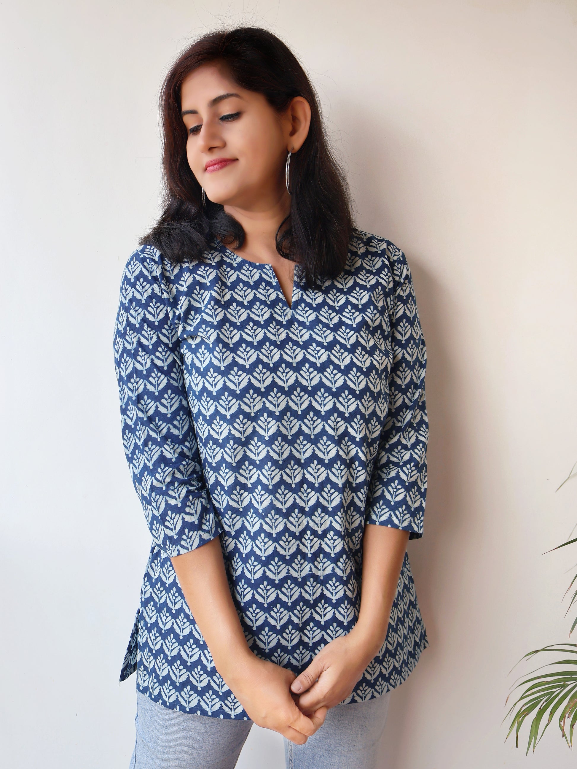 Indigo Ira Dabu Hand Block Cotton Straight Short Top