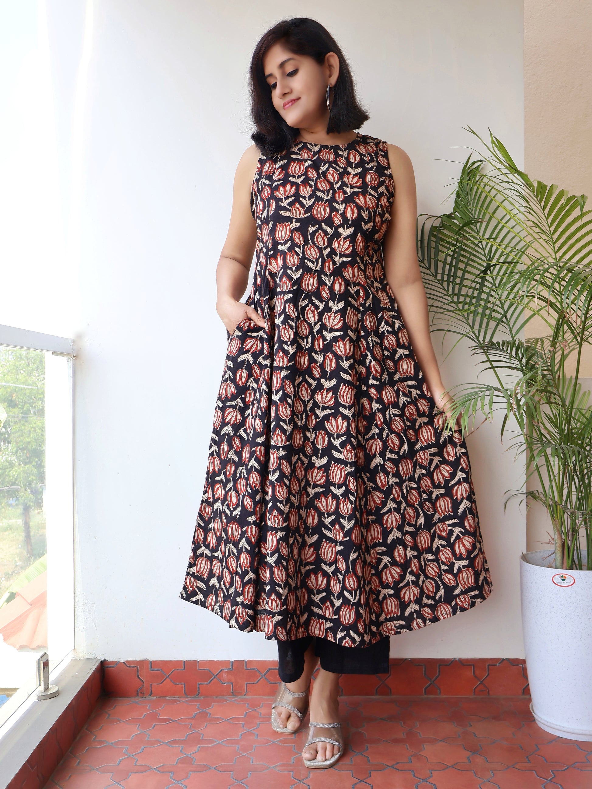 Black Truffle Bagru Hand Block Sleeveless Cotton Kurta