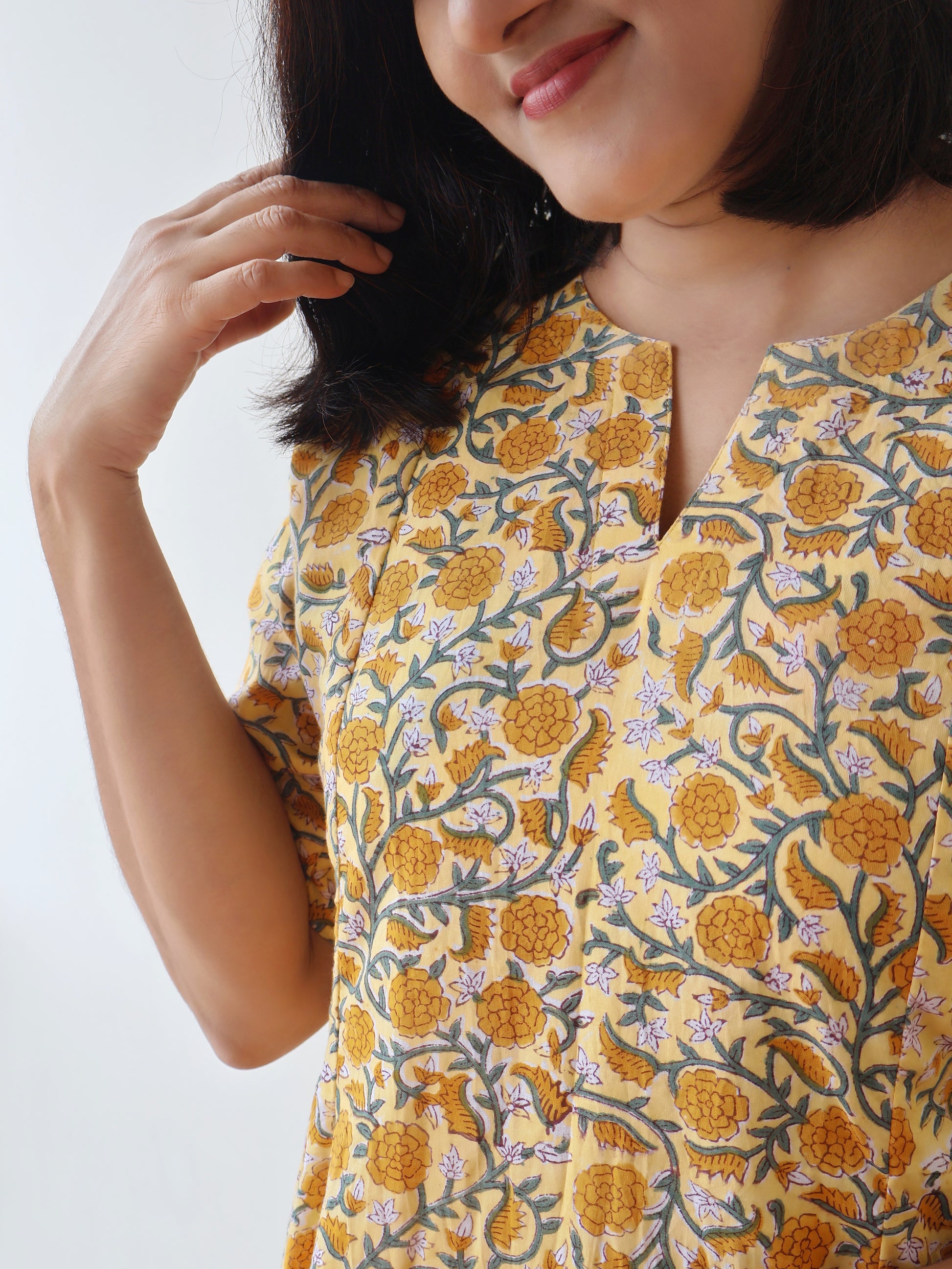 Yellow Amber Sanganeri Hand Block Cotton Kurta