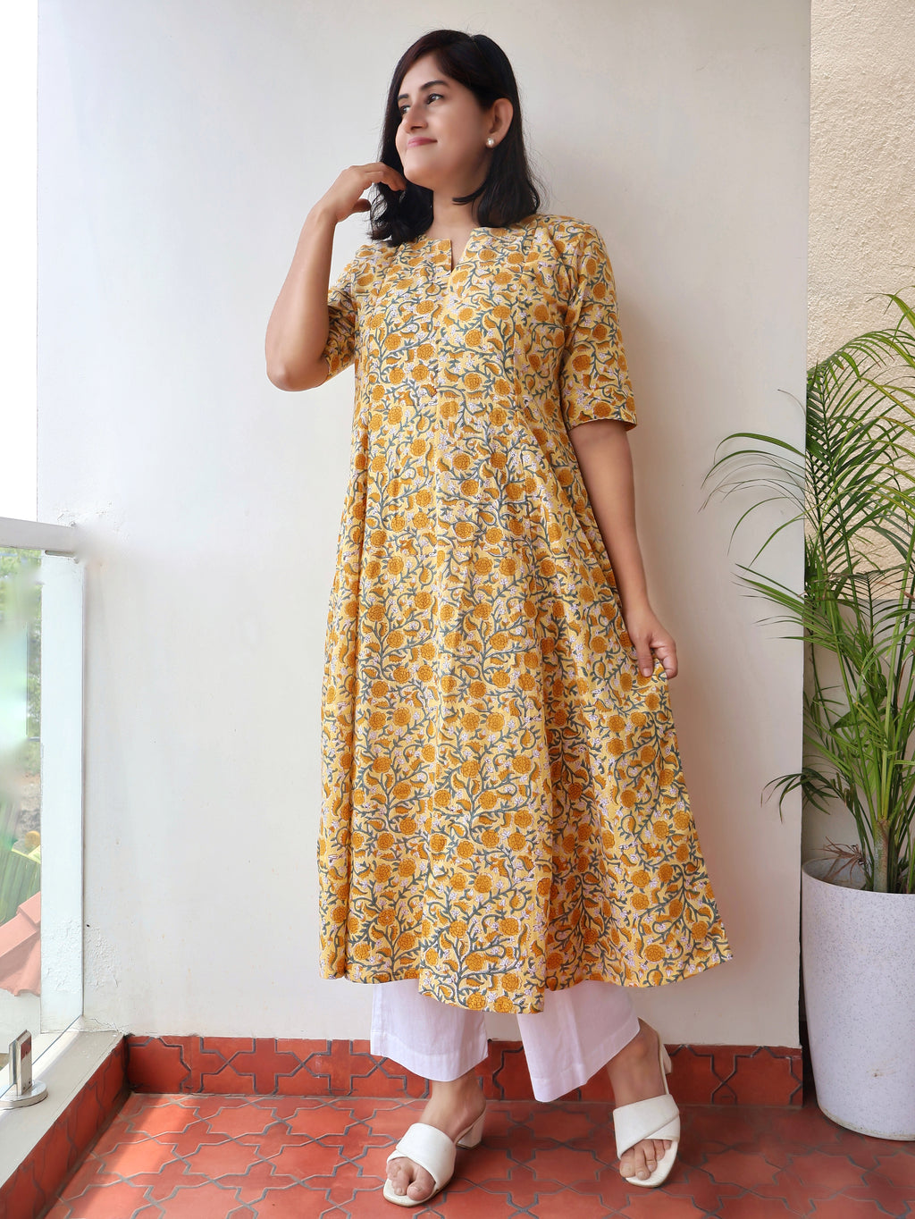 Yellow Amber Sanganeri Hand Block Cotton Kurta
