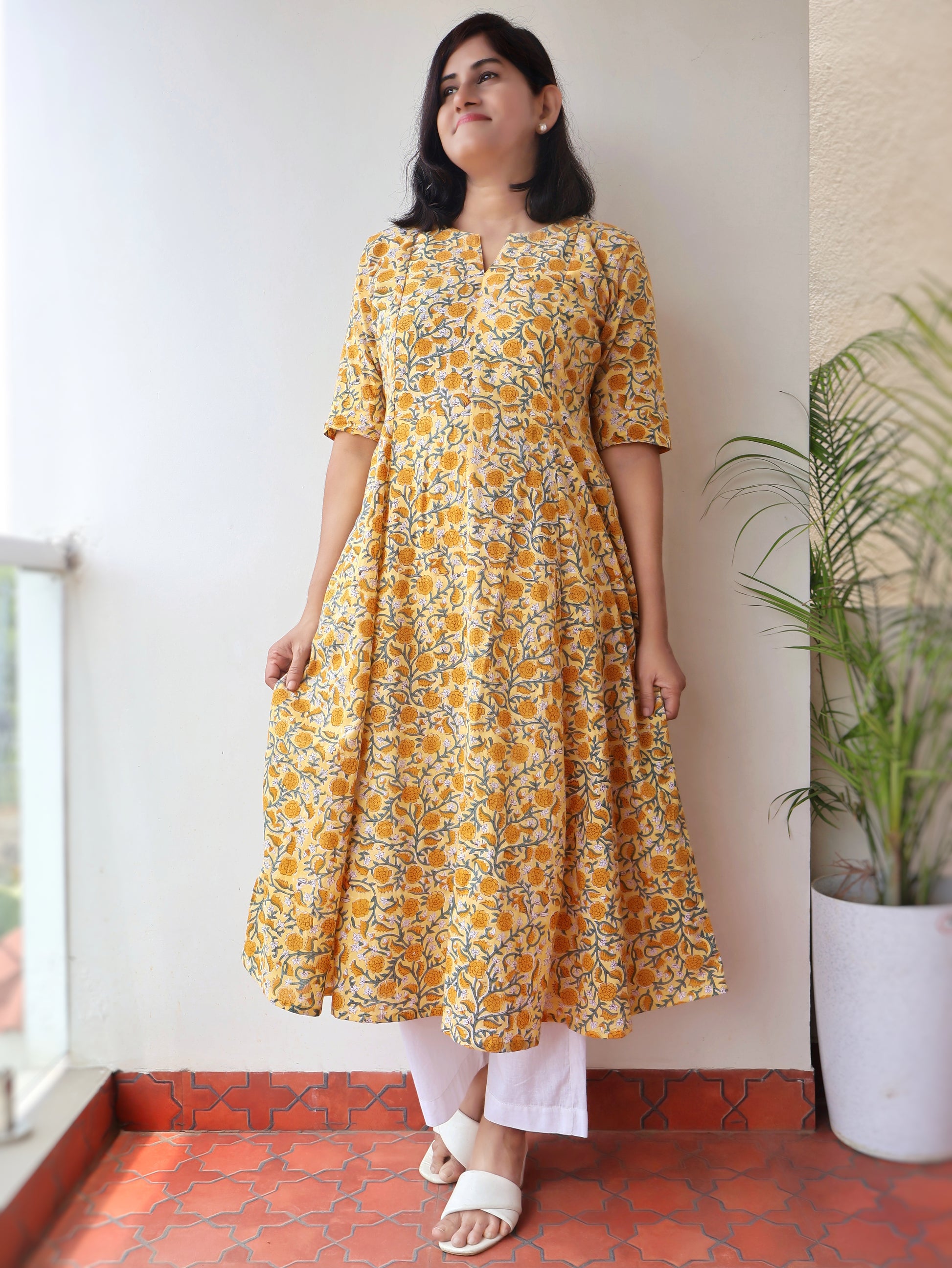 Yellow Amber Sanganeri Hand Block Cotton Kurta