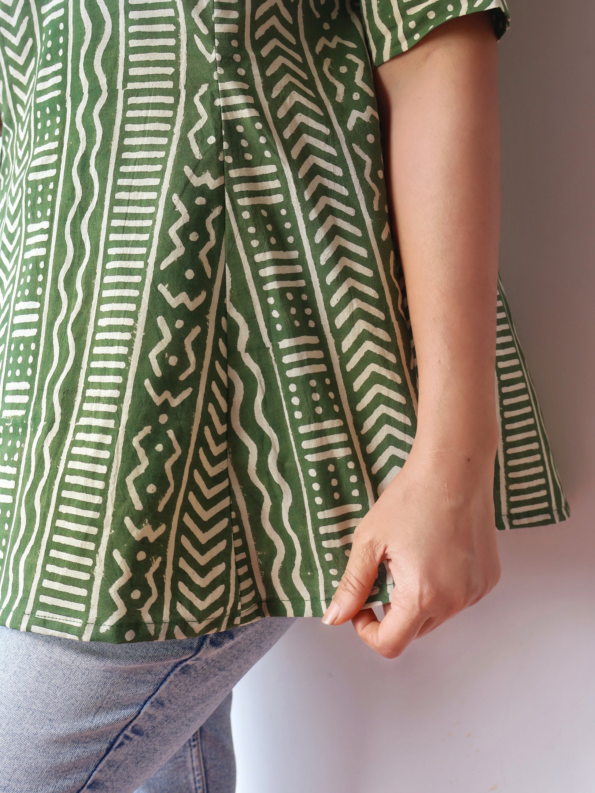 Green Meadow Charm Geometric Paneled Cotton Short Top