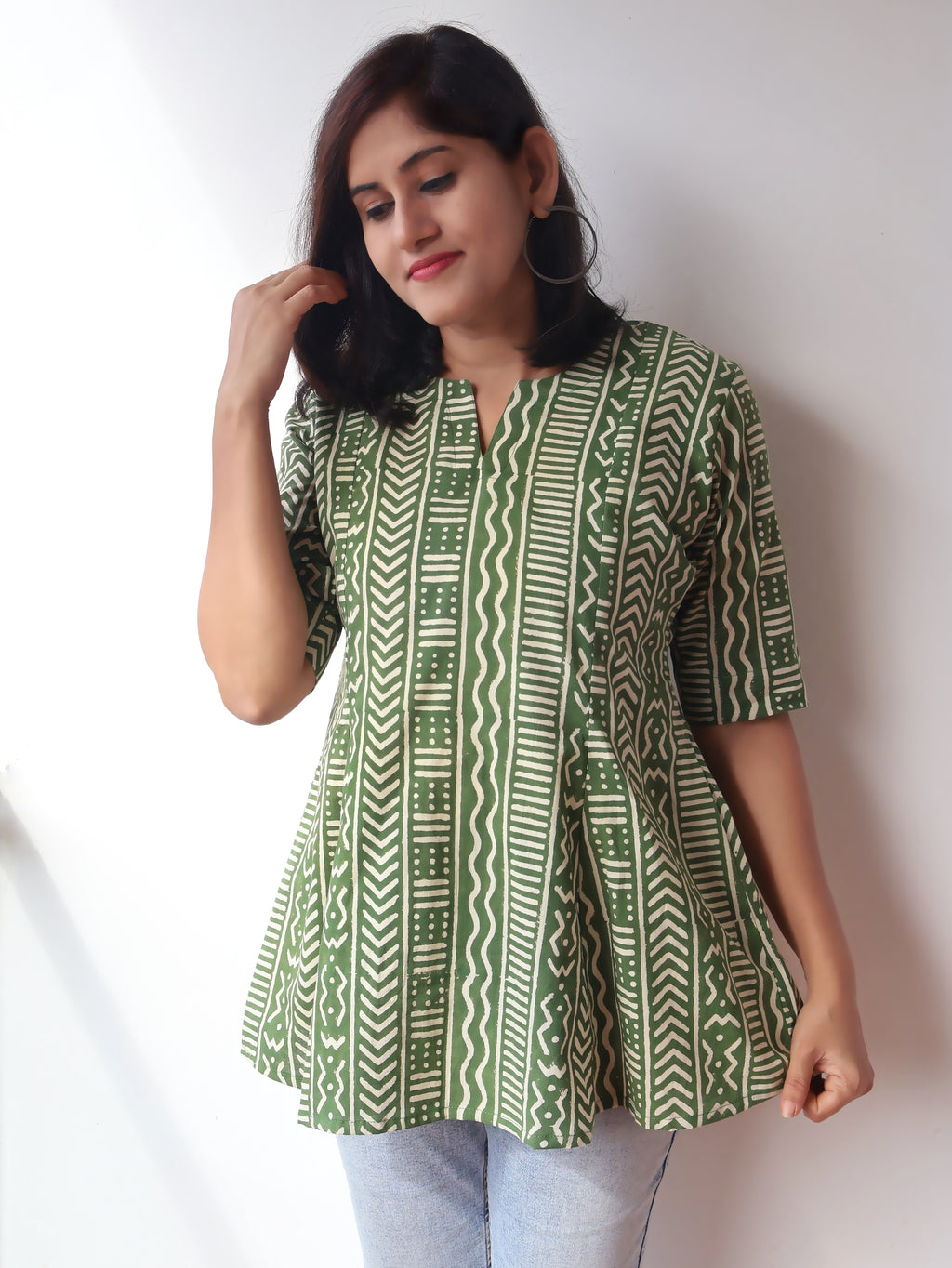 Green Meadow Charm Geometric Paneled Cotton Short Top