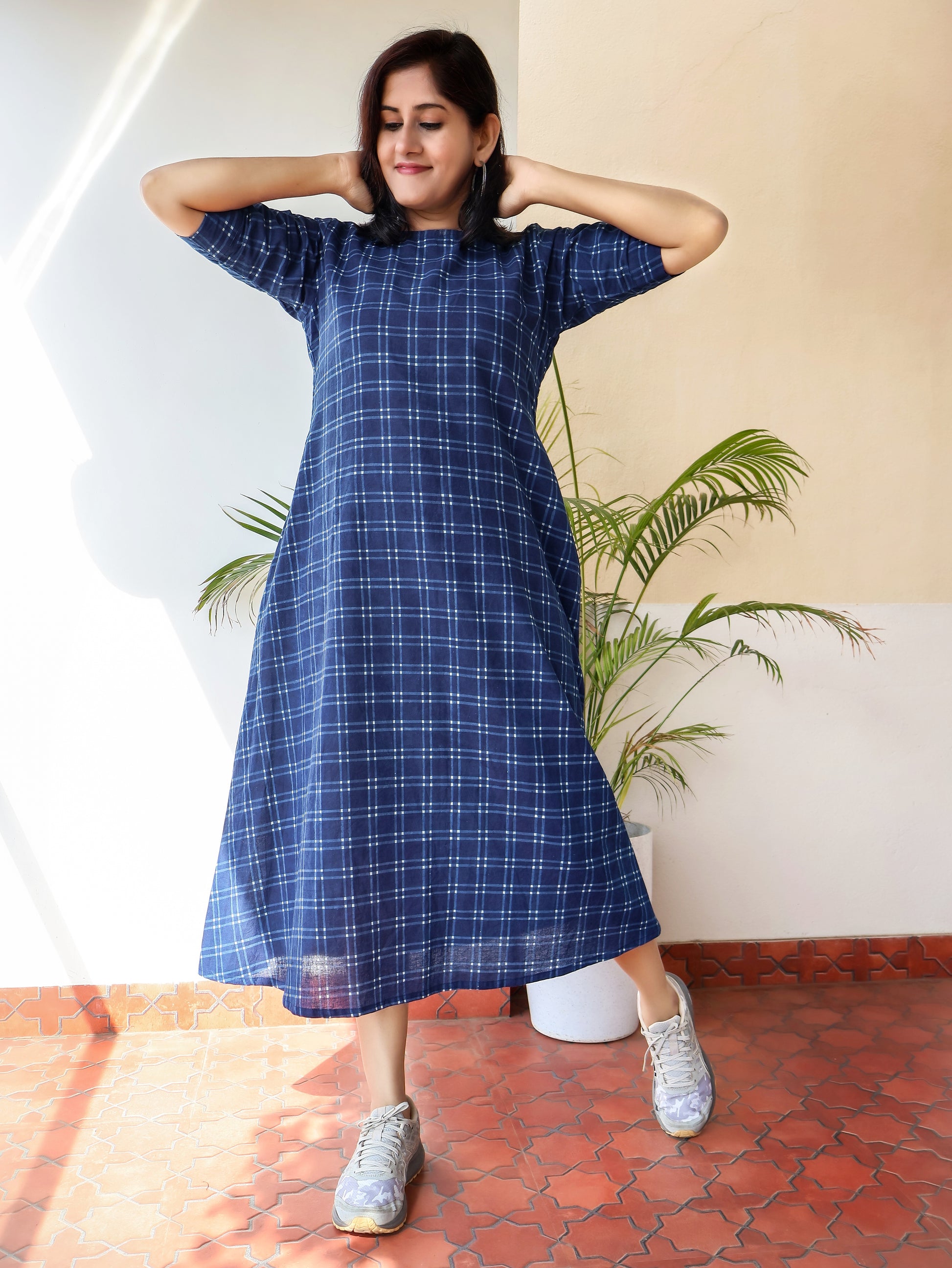 Indigo Checks Dabu Hand Block Cotton Kurta