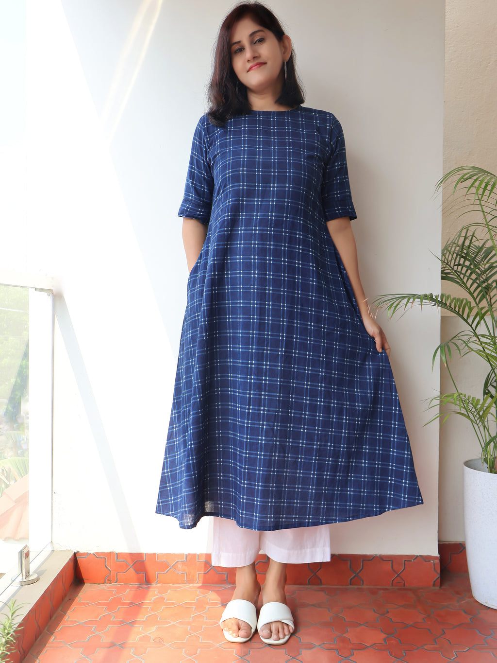 Indigo Checks Dabu Hand Block Cotton Kurta