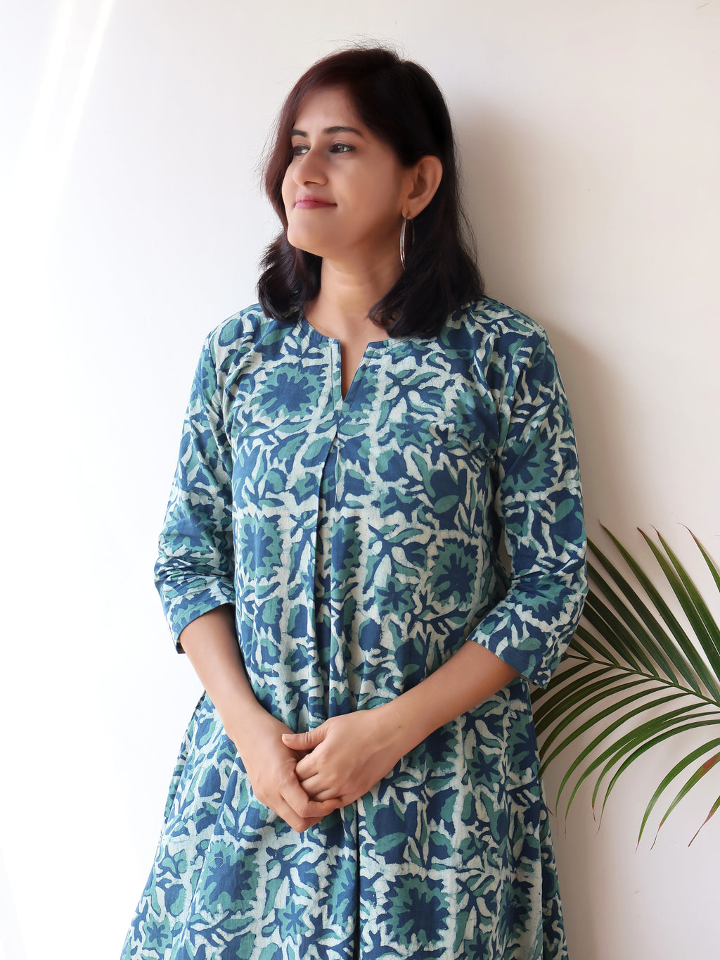 Teal Blue Dabu Hand Block Cotton Kurta