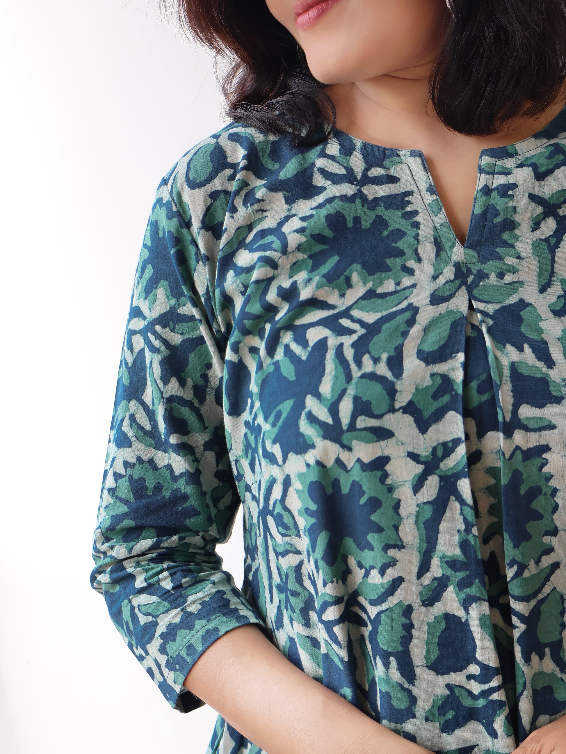Teal Blue Dabu Hand Block Cotton Kurta