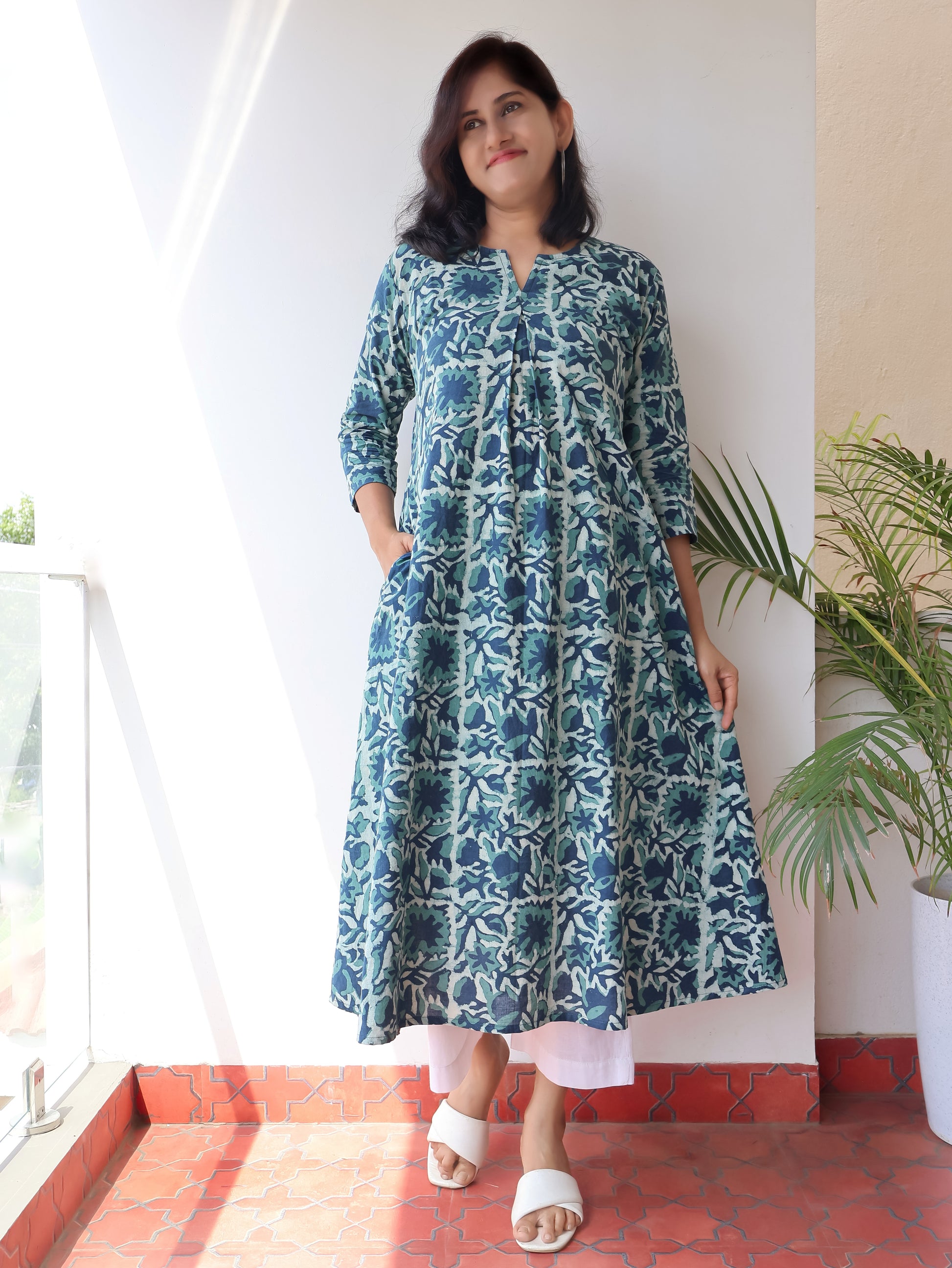 Teal Blue Dabu Hand Block Cotton Kurta