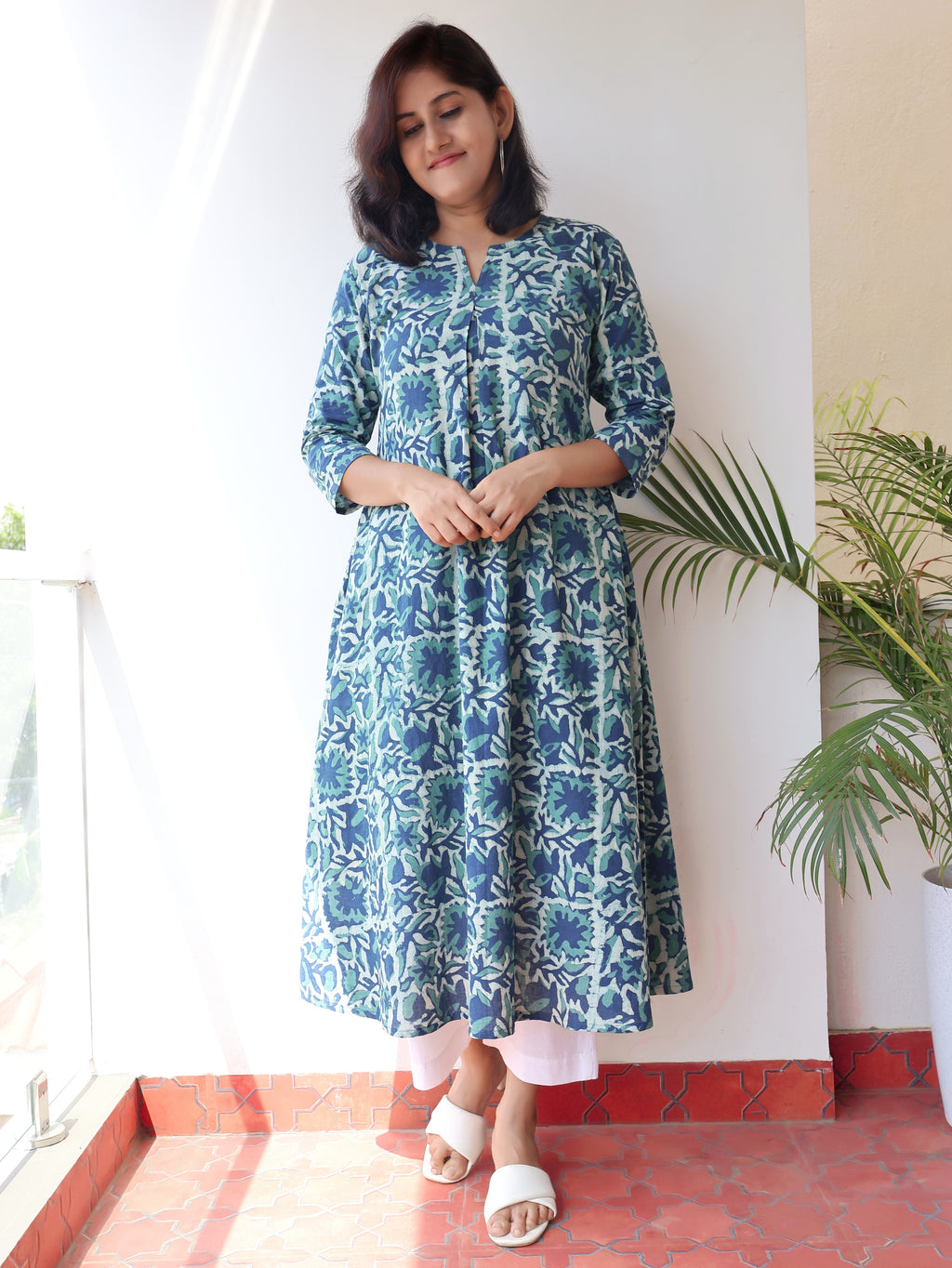 Teal Blue Dabu Hand Block Cotton Kurta