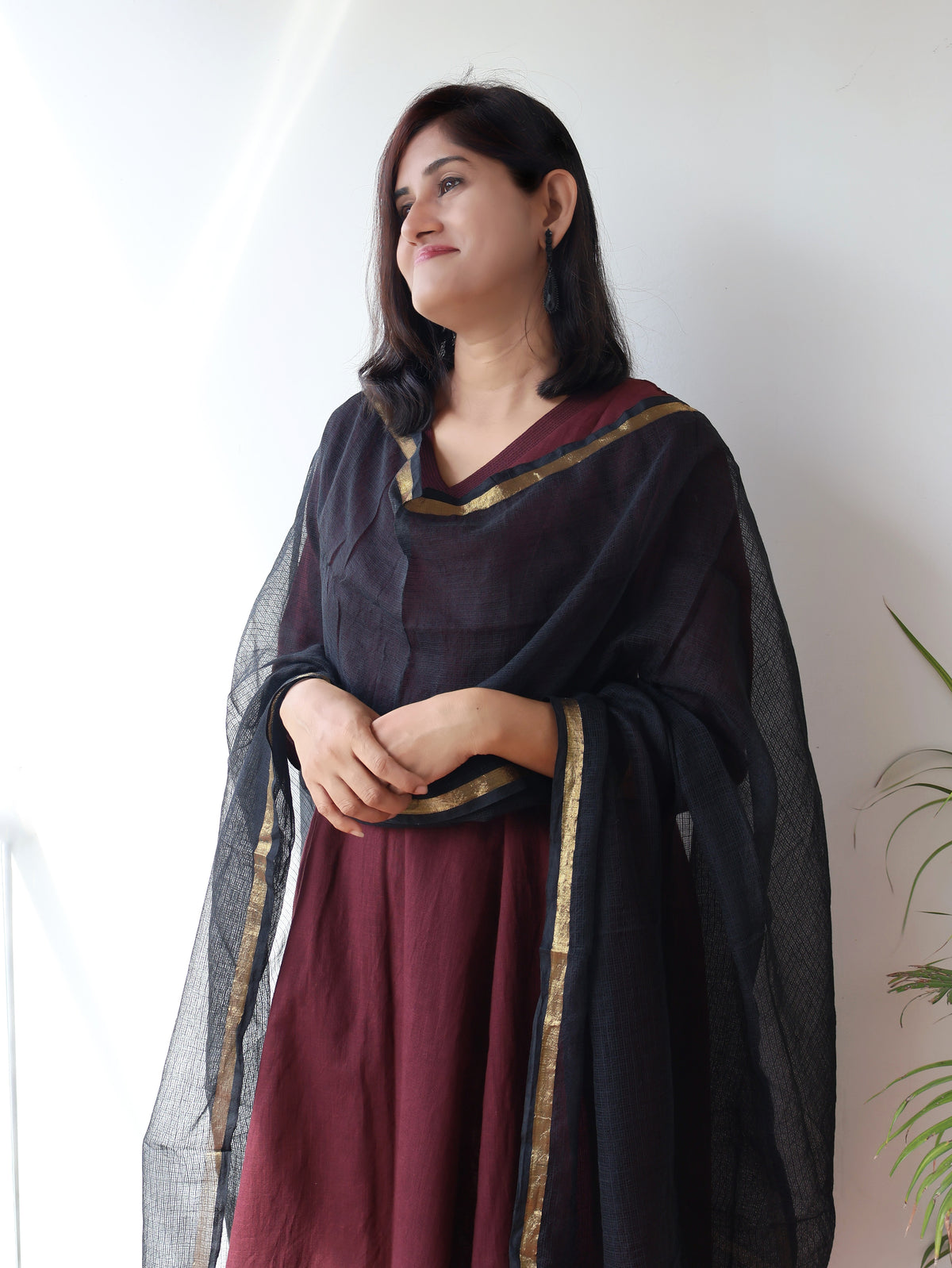 Dark Wine Solid  Slub Cotton Paneled Long Kurta Set (Kurta with Pant)