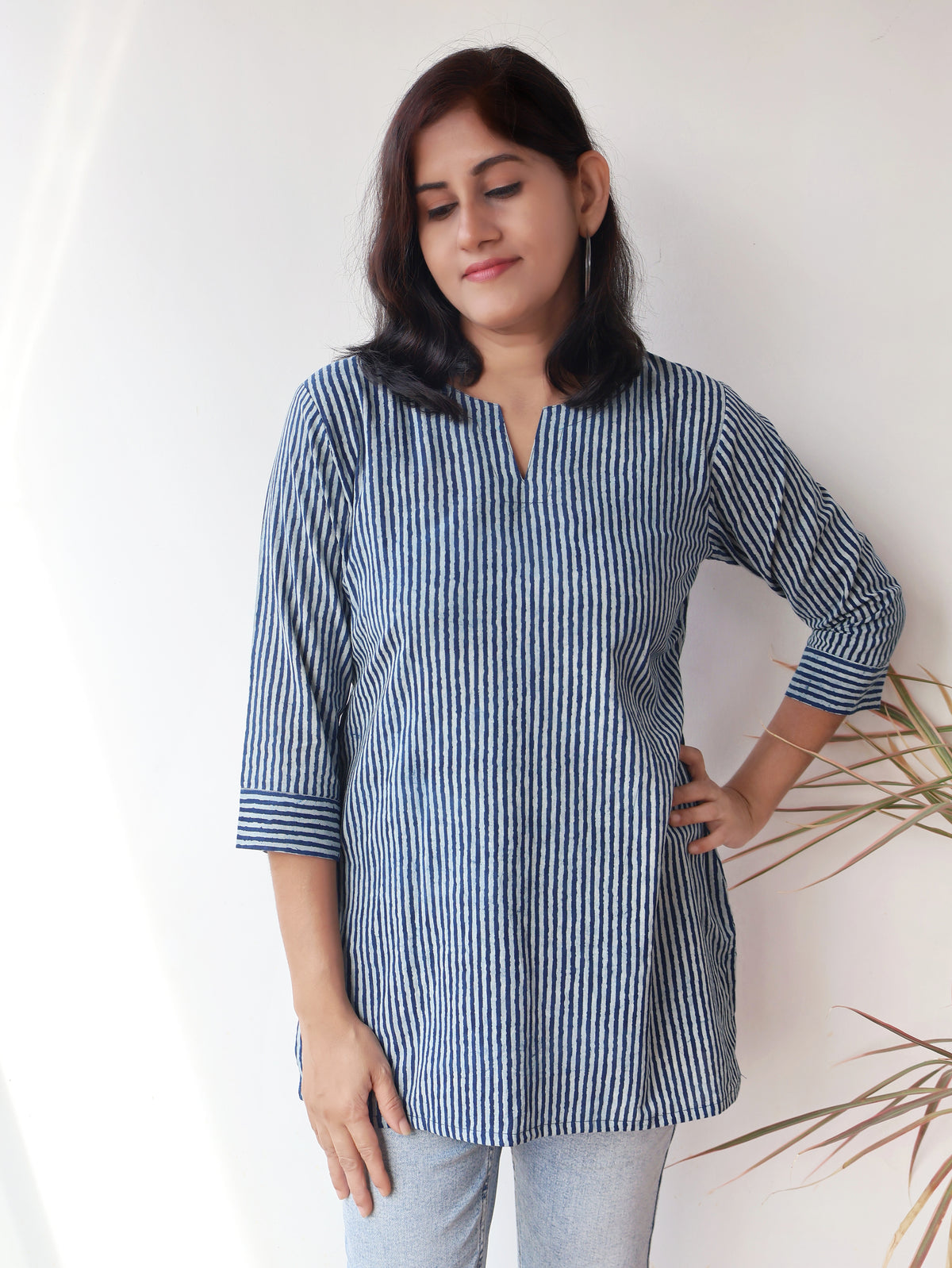 Indigo Stripes Hand Block Cotton Straight Short Top