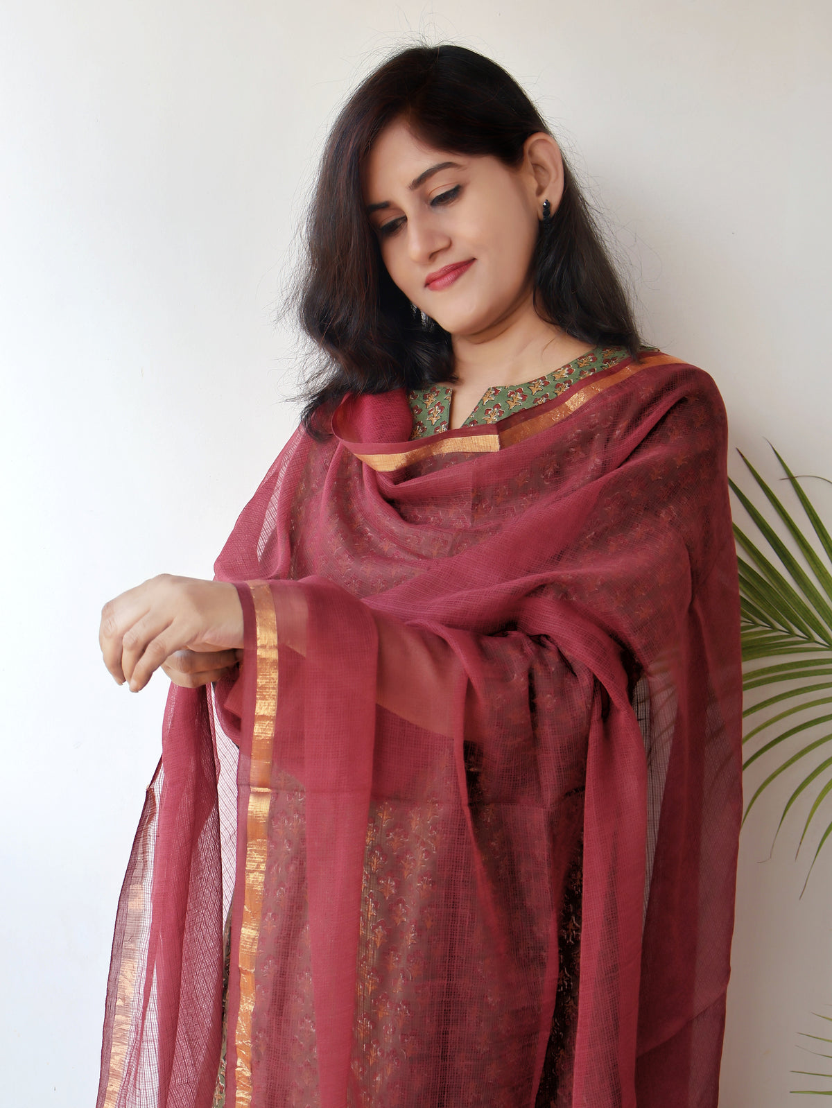 Maroon Premium Pure Cotton Kota Doria Dupatta with Zari Border