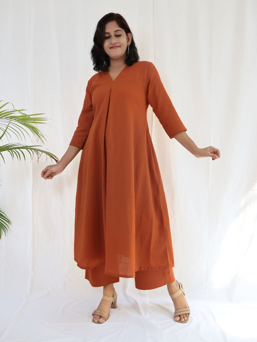 Rust Orange Solid Slub Cotton Aline Long Kurta Set (Kurta with Pant)