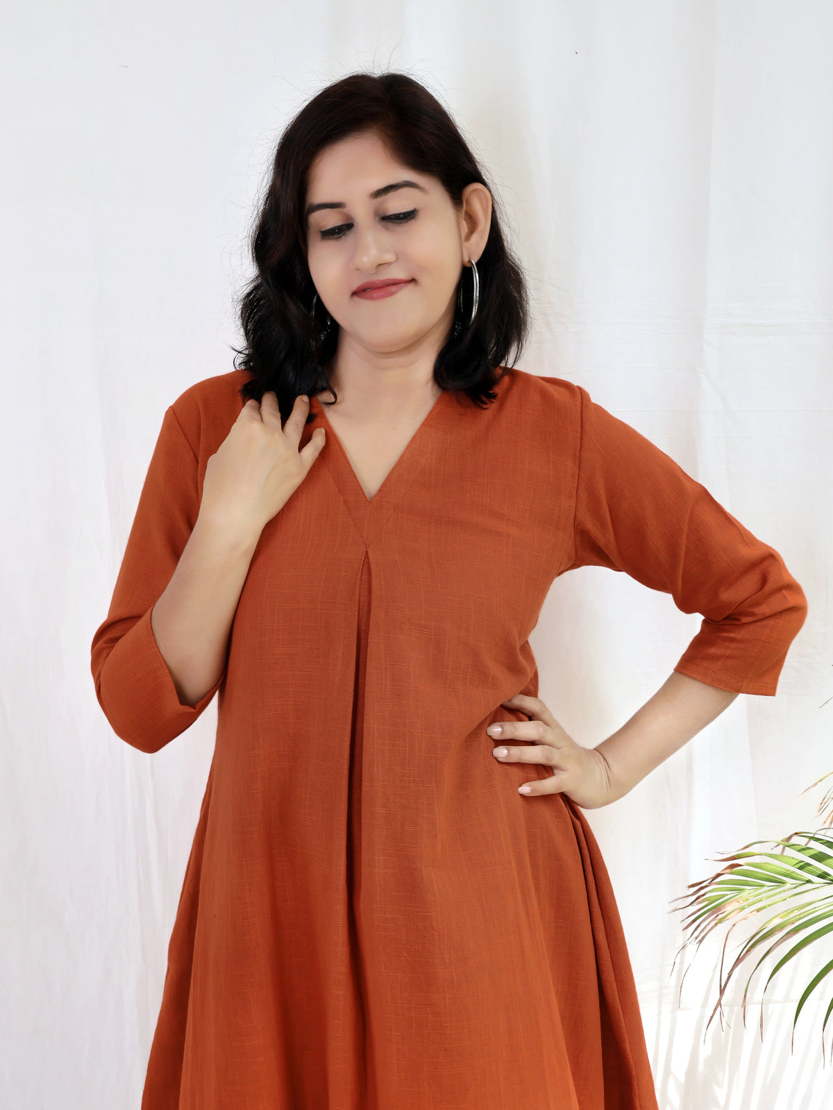 Rust Orange Solid Slub Cotton Aline Long Kurta Set (Kurta with Pant)