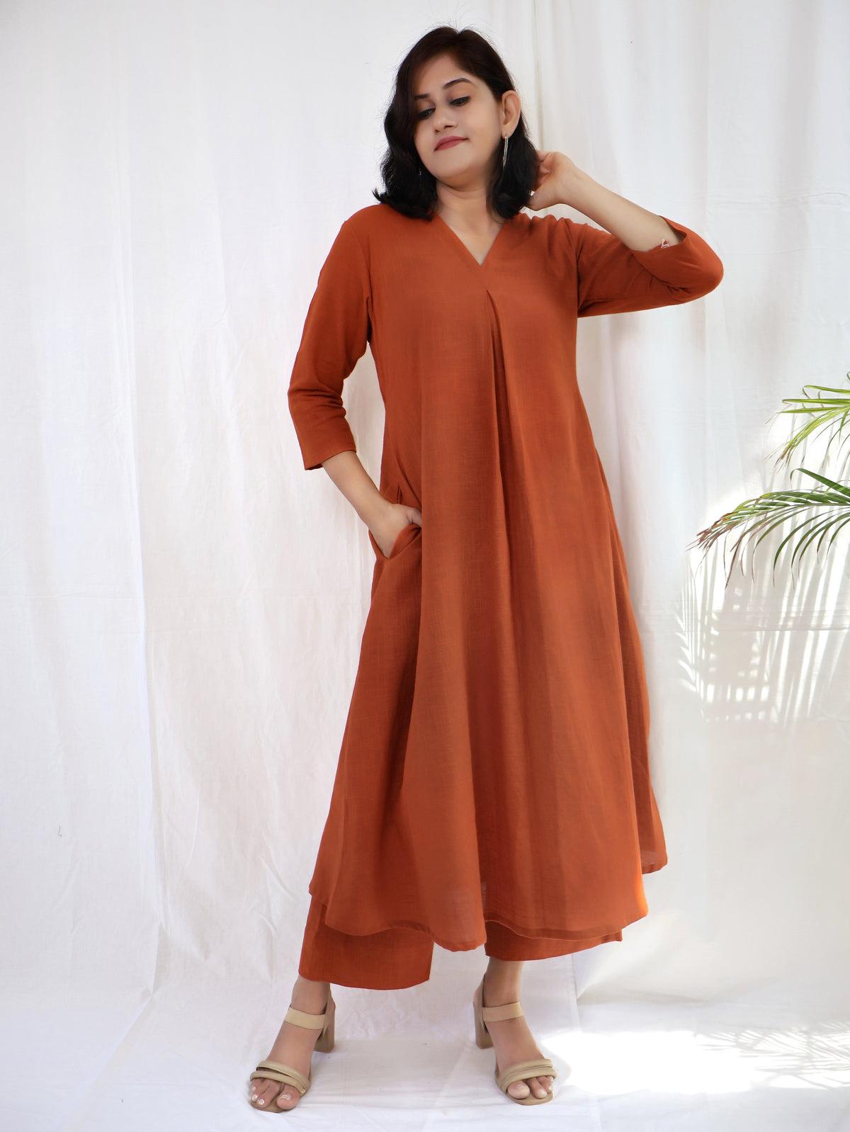 Rust Orange Solid Slub Cotton Aline Long Kurta Set (Kurta with Pant)