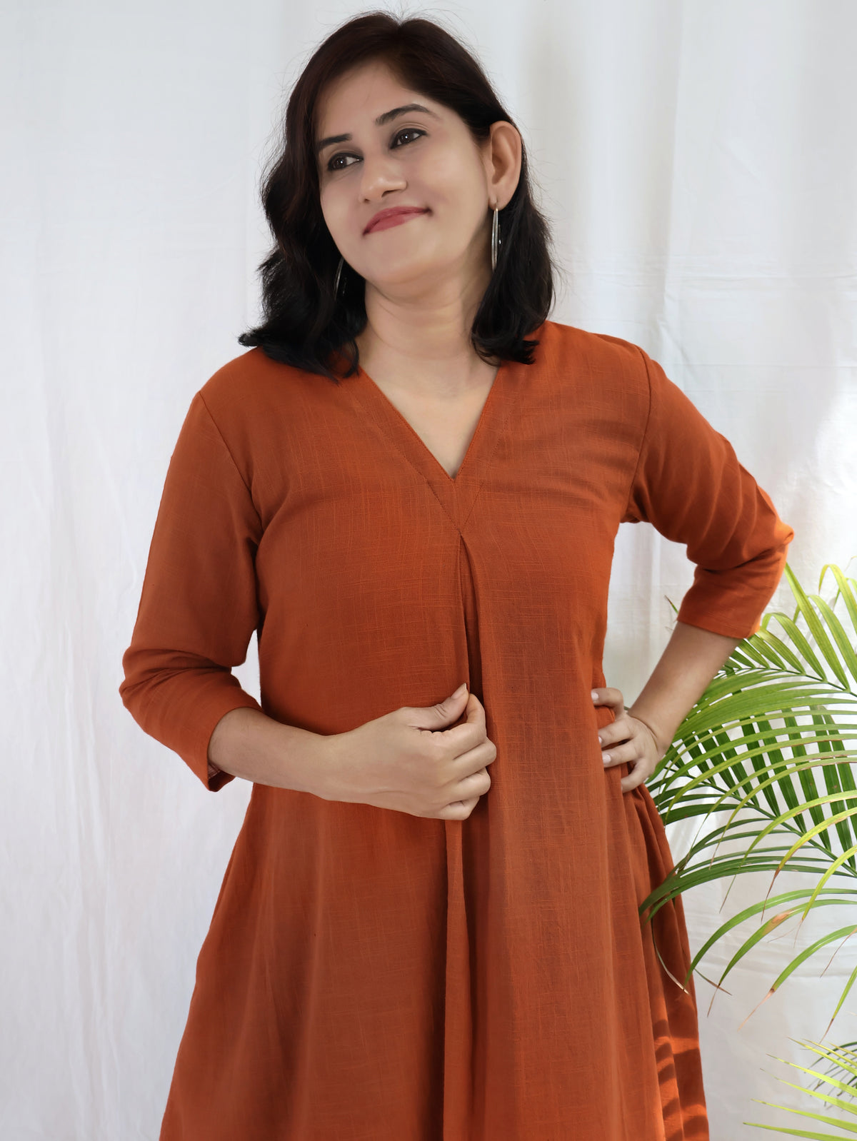 Rust Orange Solid Slub Cotton Aline Long Kurta Set (Kurta with Pant)