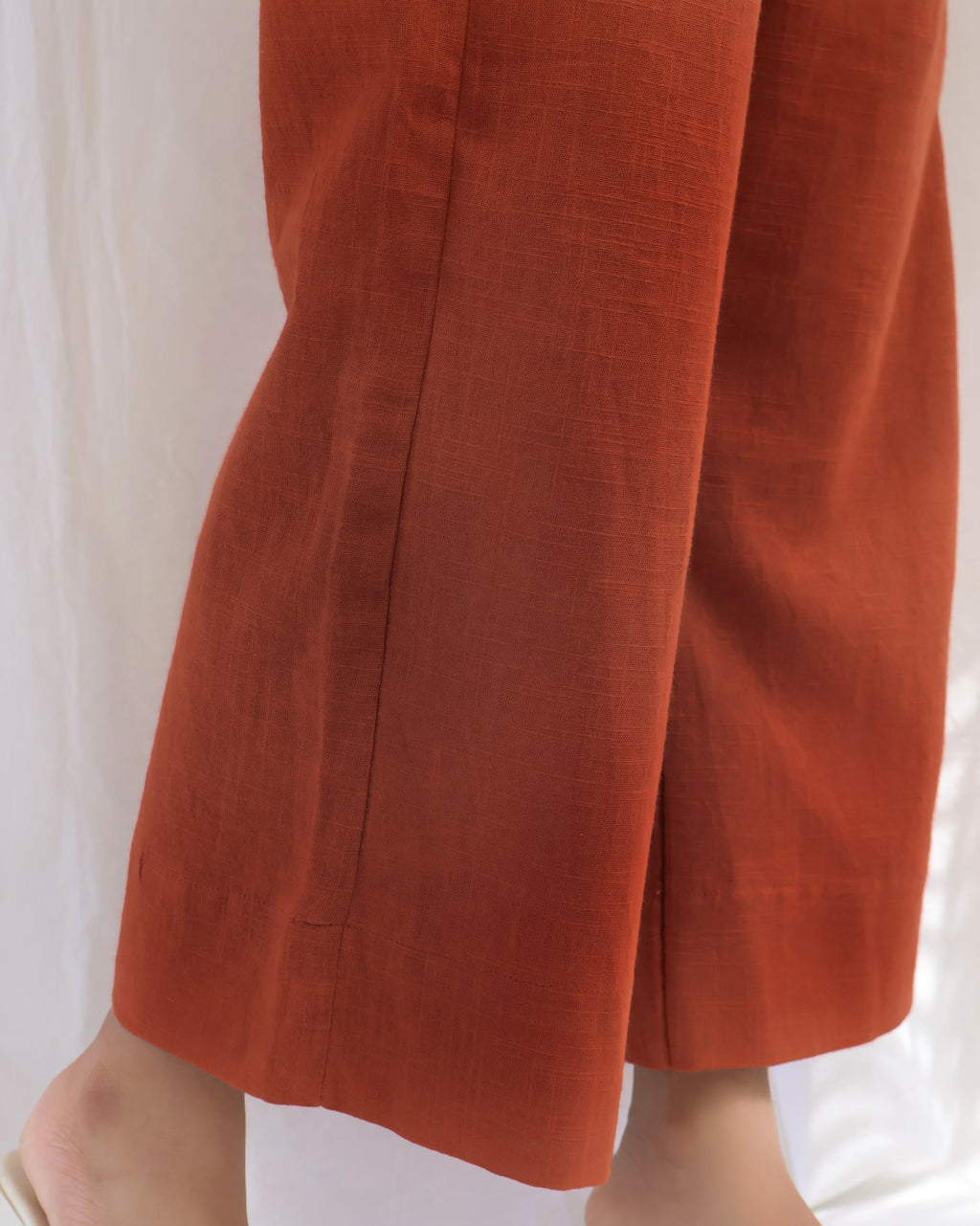 Rust Orange Solid Slub Cotton Aline Long Kurta Set (Kurta with Pant)