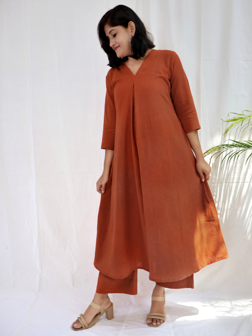Rust Orange Solid Slub Cotton Aline Long Kurta Set (Kurta with Pant)