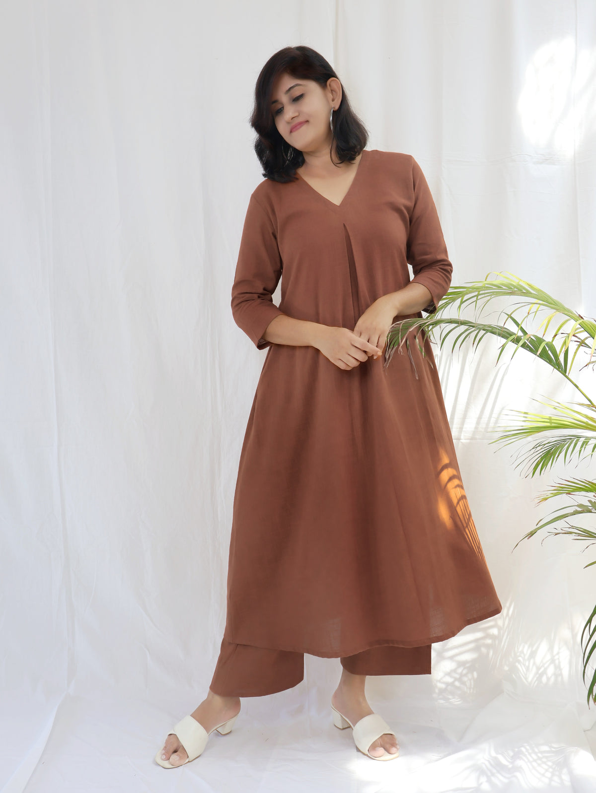 Rustic Brown Solid Slub Cotton Aline Long Kurta Set (Kurta with Pant)