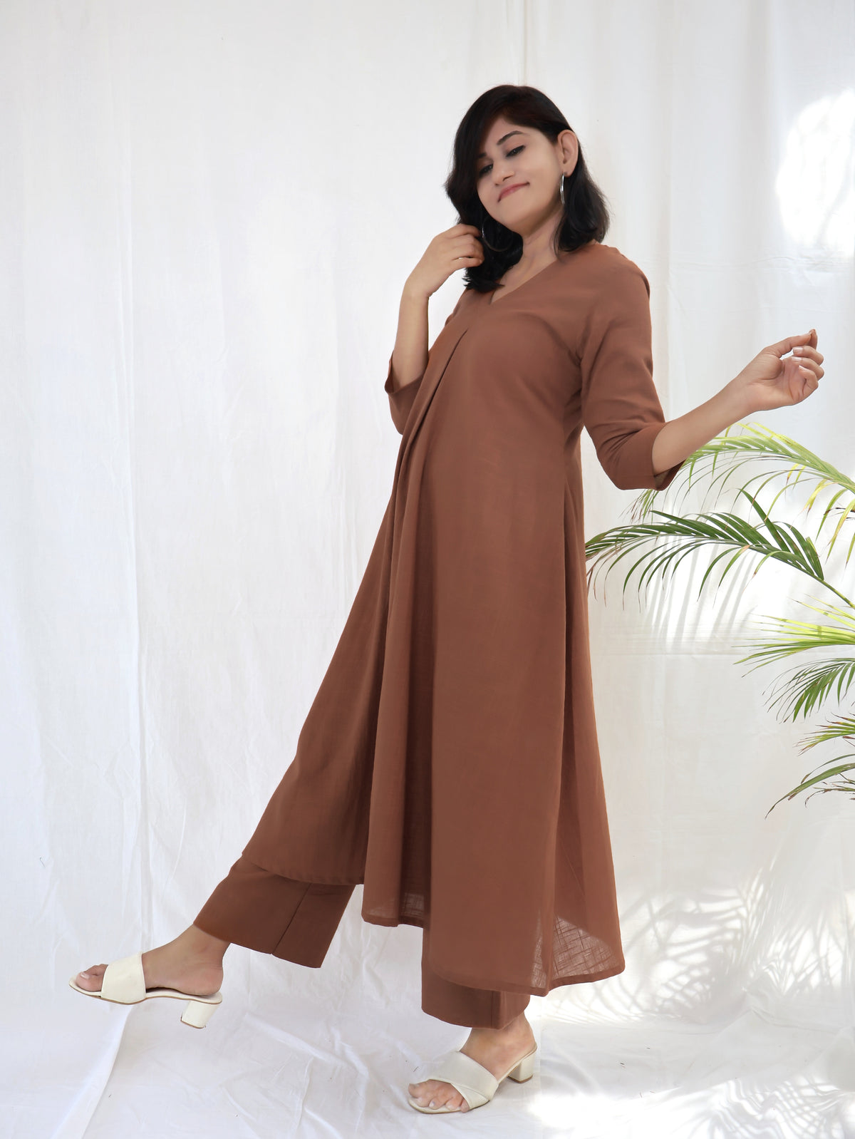 Rustic Brown Solid Slub Cotton Aline Long Kurta Set (Kurta with Pant)