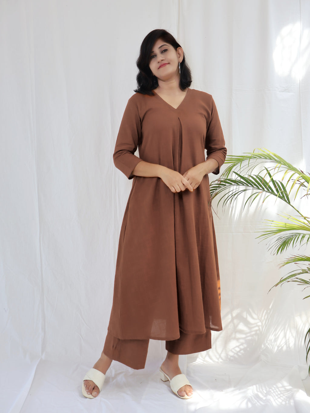 Rustic Brown Solid Slub Cotton Aline Long Kurta Set (Kurta with Pant)