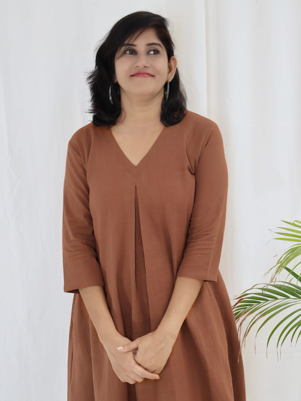 Rustic Brown Solid Slub Cotton Aline Long Kurta Set (Kurta with Pant)