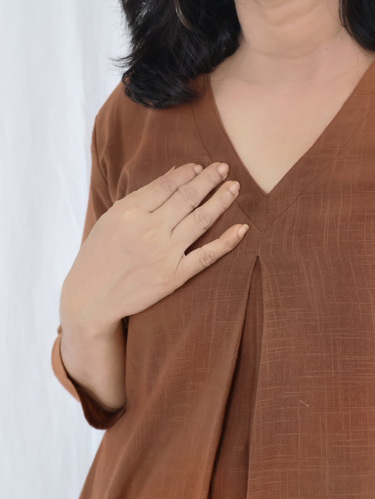Rustic Brown Solid Slub Cotton Aline Long Kurta Set (Kurta with Pant)