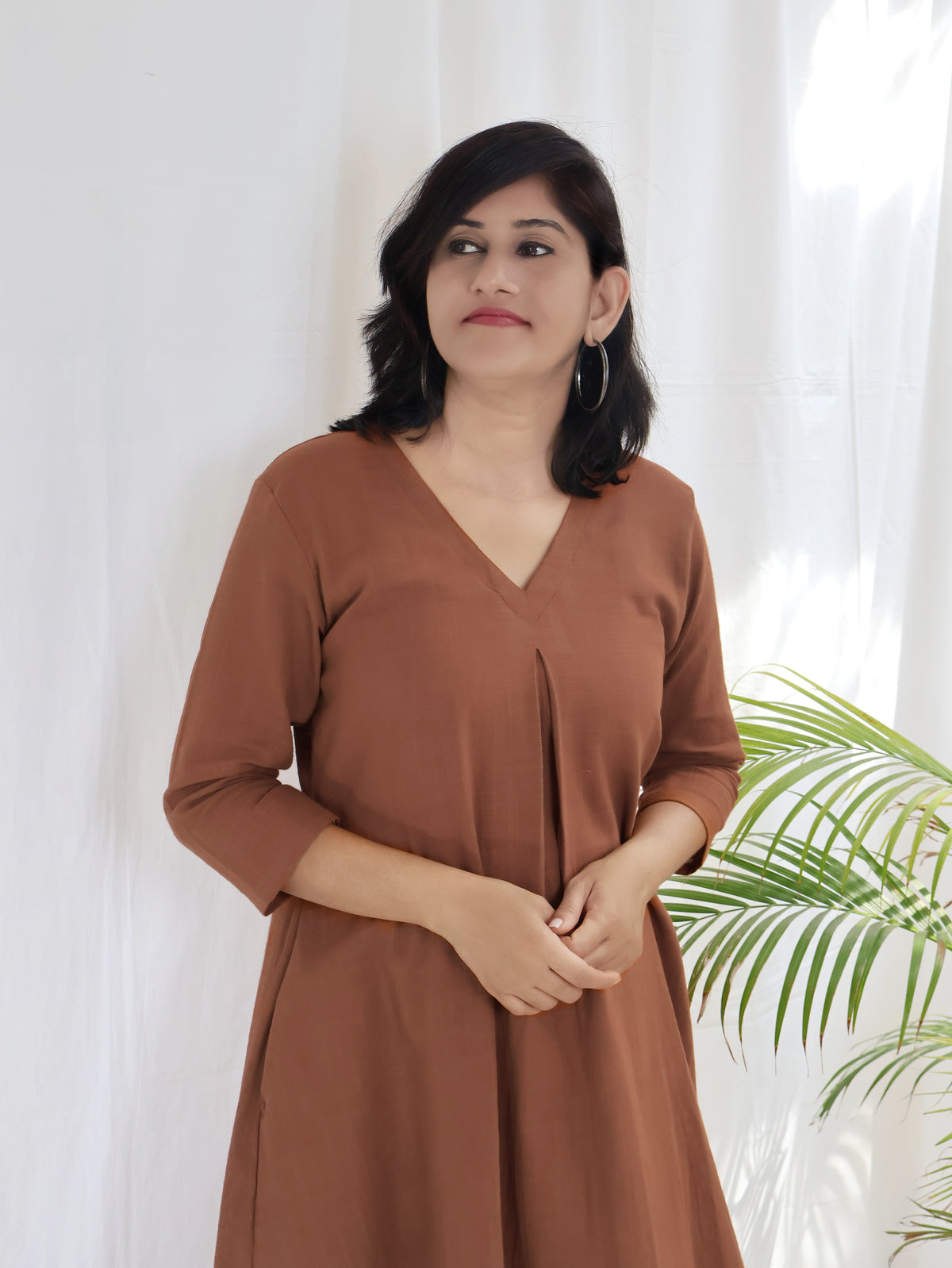 Rustic Brown Solid Slub Cotton Aline Long Kurta Set (Kurta with Pant)